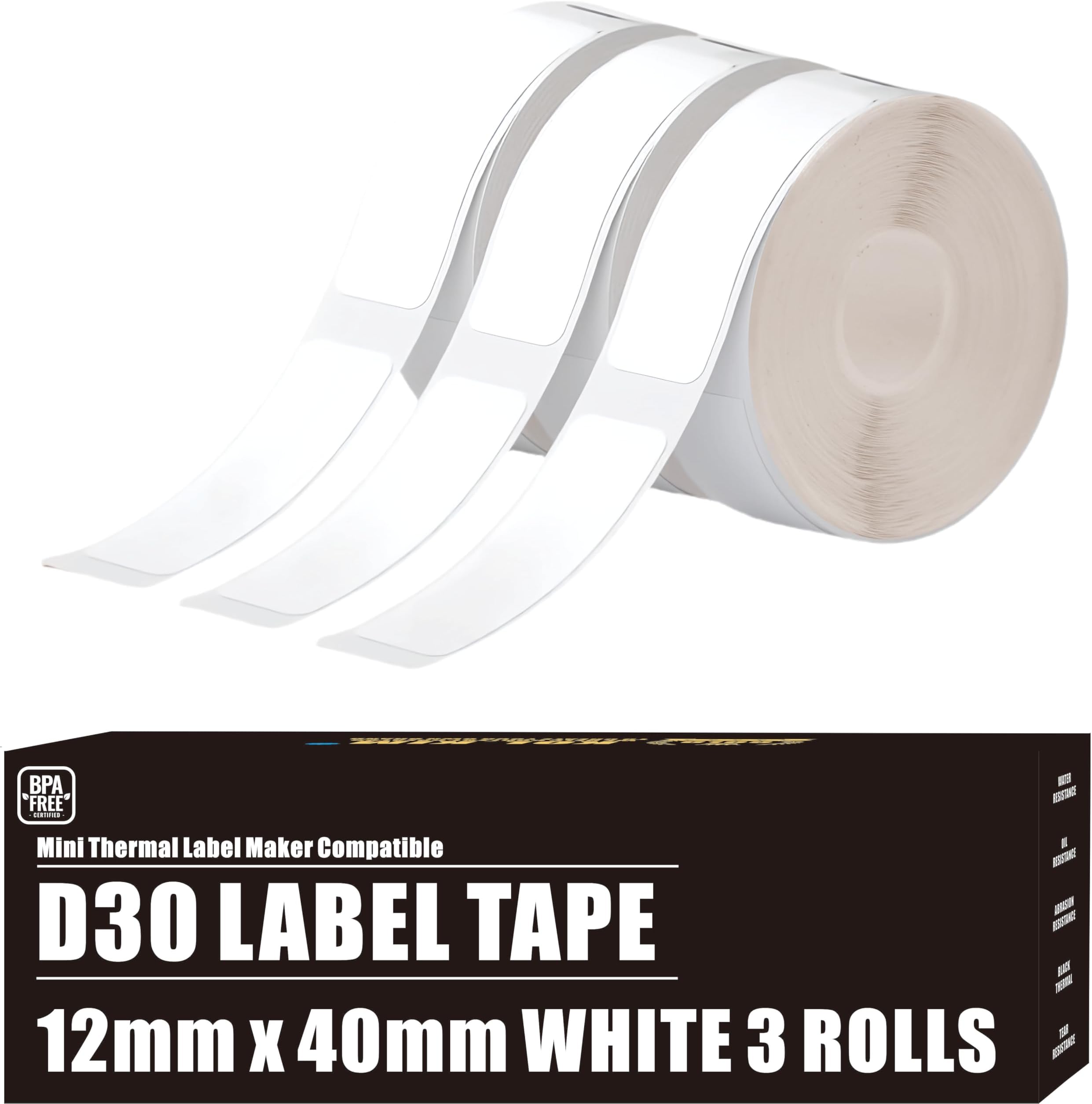 D30 Label Tape, 540 Labels 12x40mm White Thermal Label Paper for Phomemo D30 Labels Tape Printer Maker Tapes Refill Replacement for Print Master Refill 12mm x 40mm (0.47 x 1.57 Inch) 3 Rolls White