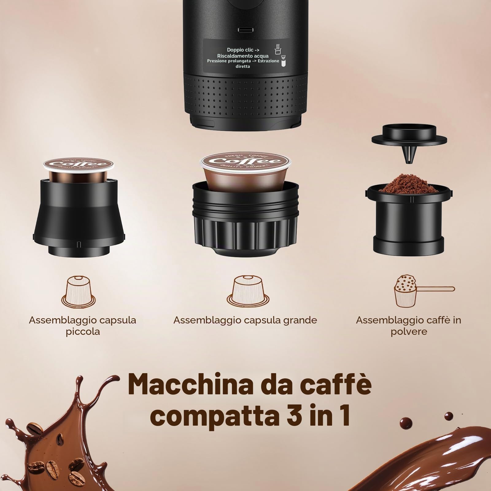 Macchina caffè portatile 3-in-1 20 bar, batteria 7500mAh USB-C, estrazione calda/fredda display, capsule e caffè macinato, nero