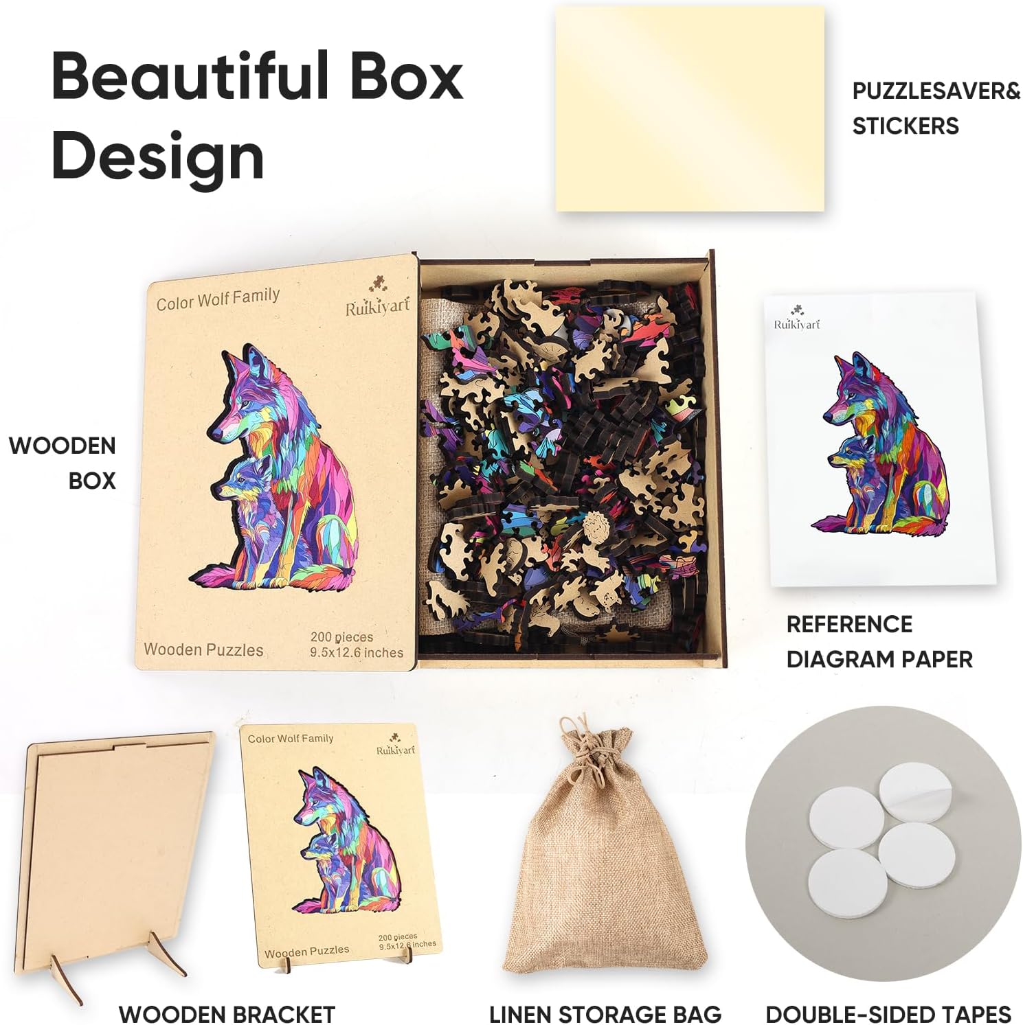 Ruikiyart Wooden Wolf Puzzle,200 Pieces Colorful Wolf Wooden Jigsaw Puzzles, Animal Brain Teaser Puzzles Unique Shaped for Kids Home Games (9.5"*12.6")