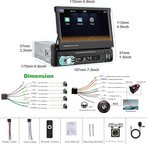 Miniatura 7 de Rimoody - Estéreo inalámbrico para automóvil con Bluetooth, pantalla táctil abatible de 7 pulgadas, reproductor MP5, compatible con Android Auto,