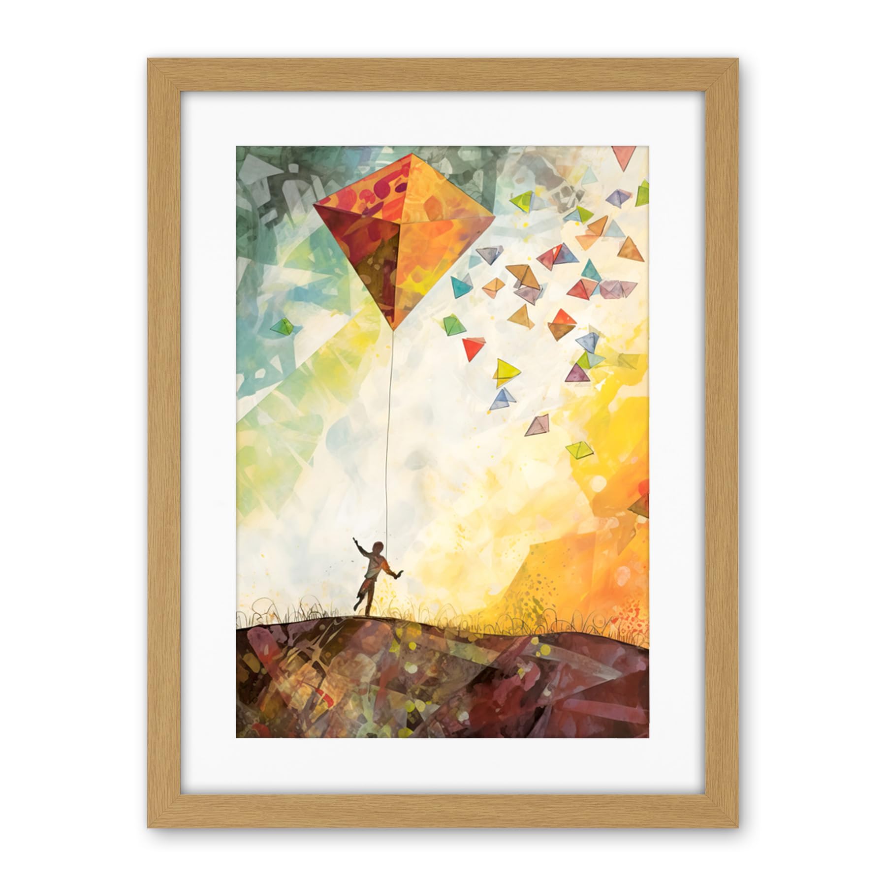 Artery8 Child Flying Big Kite in Rainbow Colour Sunset Sky Artwork Framed Wall Art Print 18X24 Inch