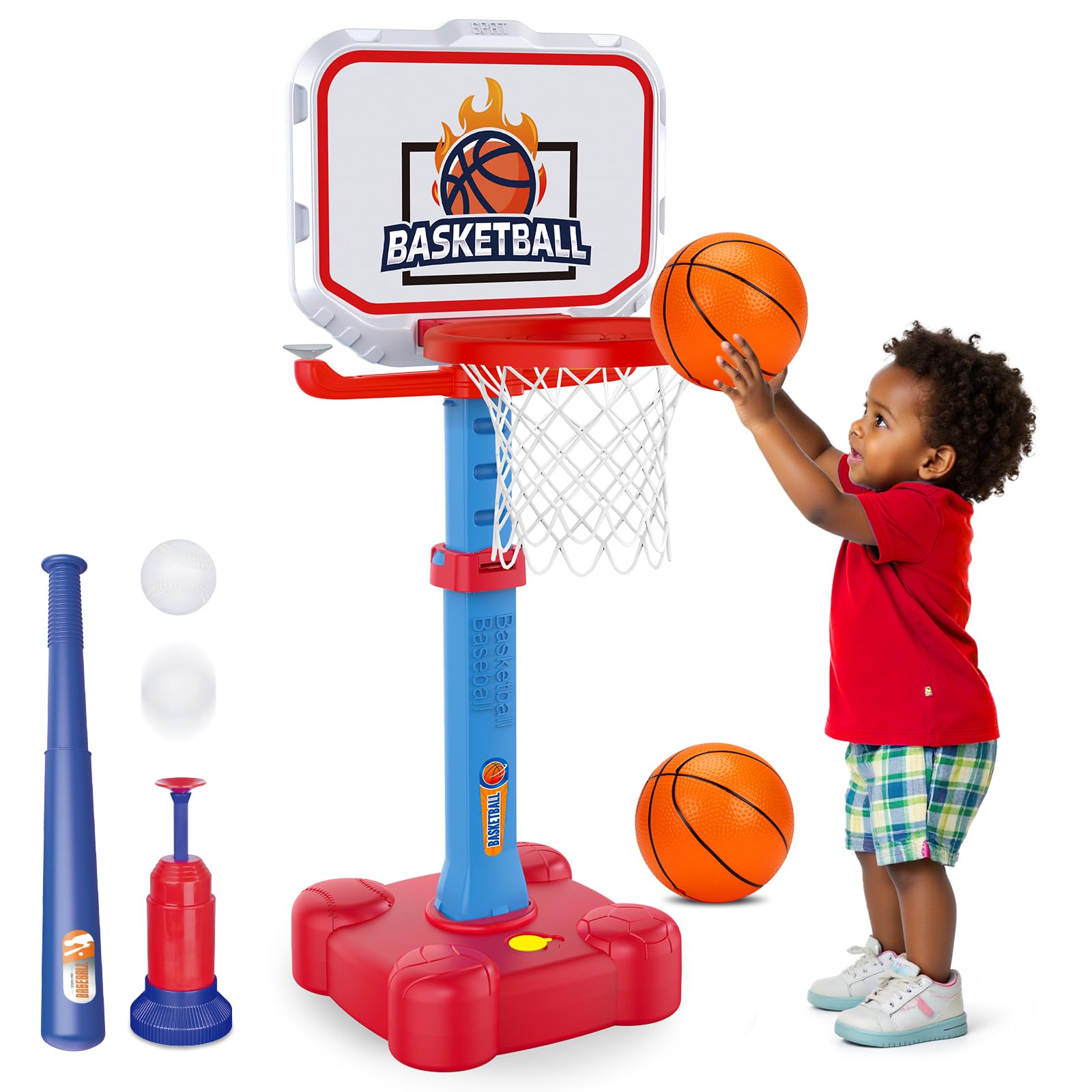 Tsomtto 4 in 1 Kids Basketball Hoop & T Ball Set Indoor Outdoor Toys for Toddlers 1-3 Adjustable Toddler Pool Basketball Hoop Goal Sports Outside Play Toys for 1 2 Year Old Boys Girls Birthday Gifts