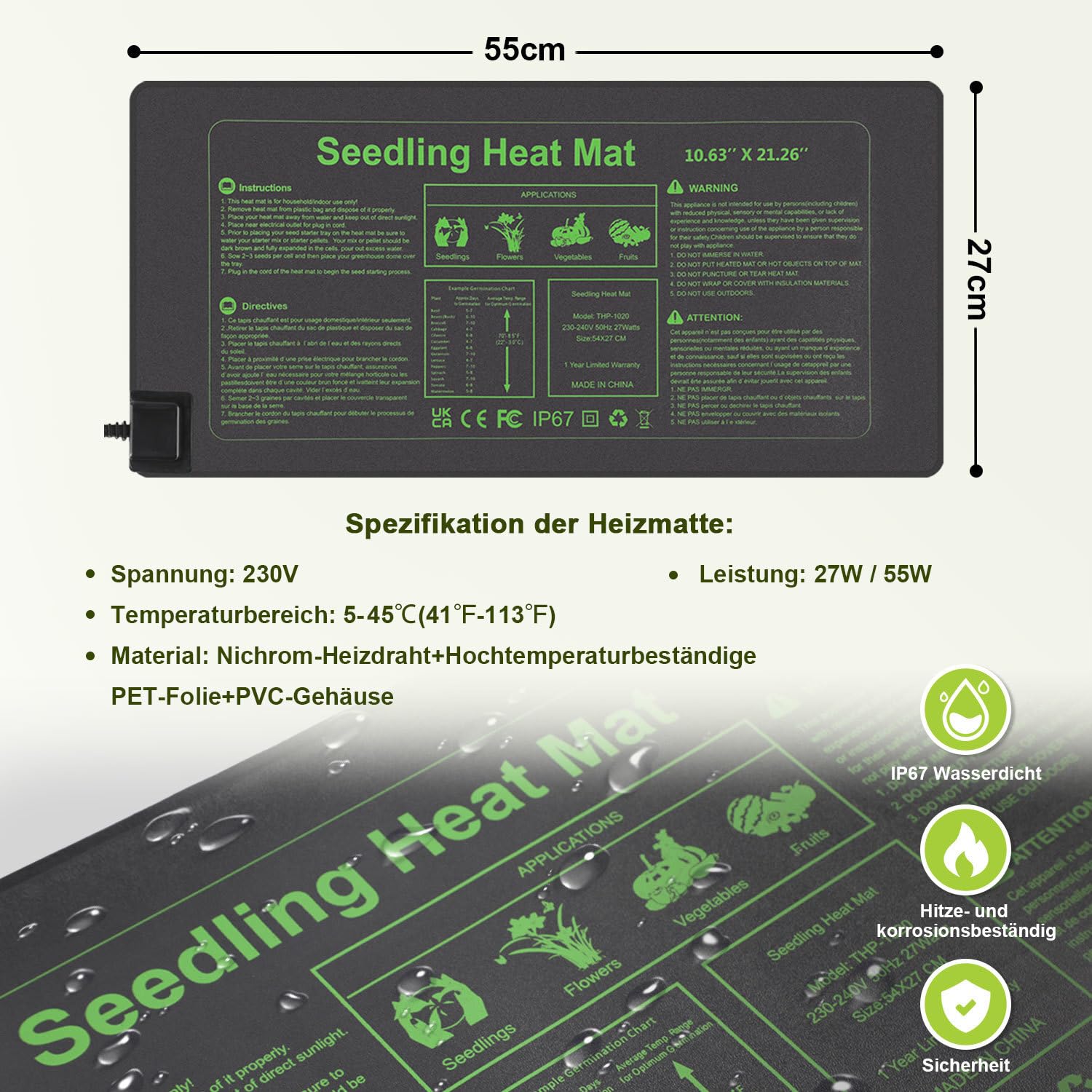 Heizmatte Pflanzen mit Thermostat, 27W Heizkissen, IP67 Wasserdicht, Wärmematte mit Timing-Funktion, Zimmergewächshaus Wärmematte für Reptil, Sämling Germination(1er Set, 55x27cm)