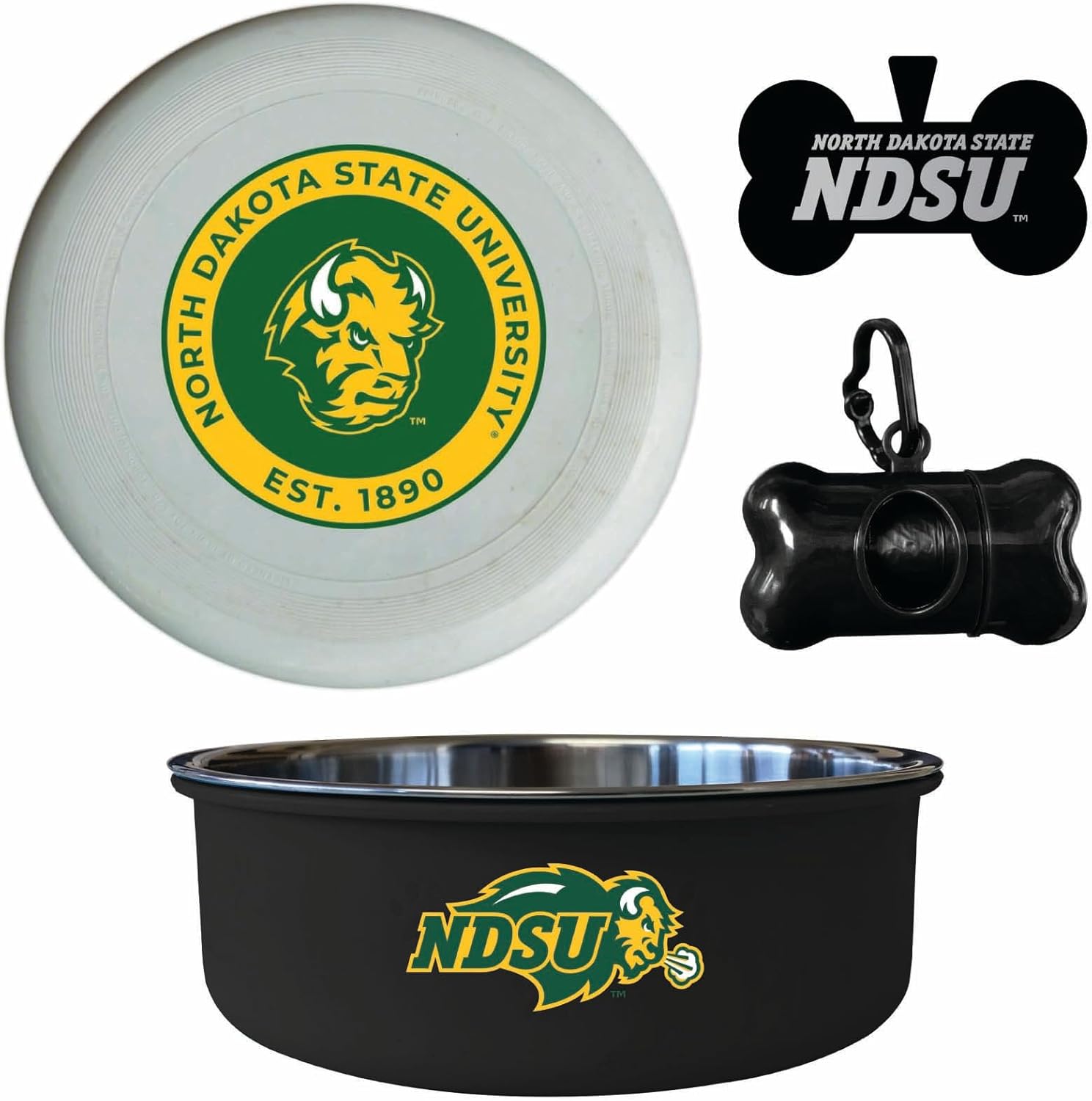 North Dakota State Bison Officially Licensed College Pet Pack – Dog Tag, Bowl, Flying Disc & Waste Bag