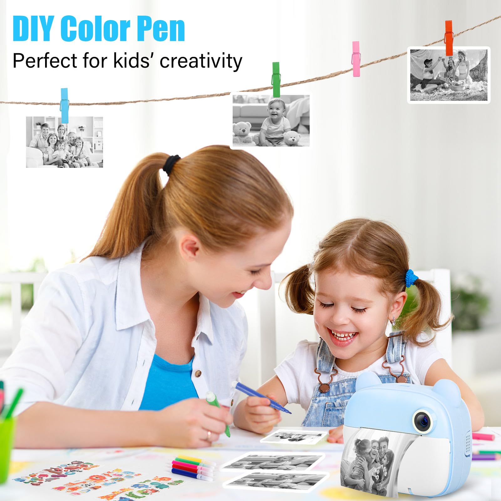 Camara Fotos Infantil instantanea, Cámara Instantánea para Niños con Tarjeta de 32G, 2.4" HD Camara Instanea Infantil con Papel de Impresión y Bolígrafos de Colores, Regalos Juguete