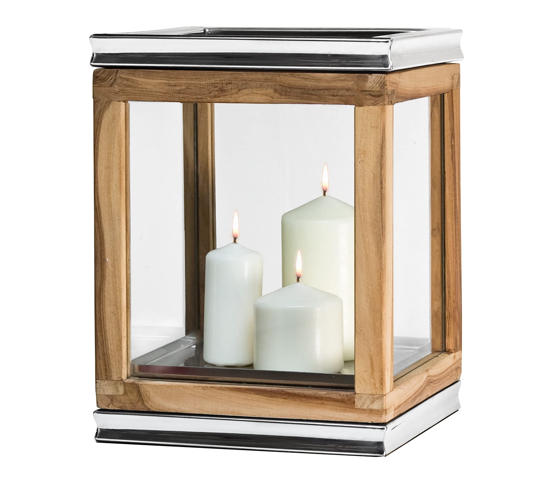 EDZARD Lanterne Dubai, Teck, Acier Inoxydable nickelé, Hauteur 34 cm, Base 26 x 26 cm, Poids 4,4 kg - Lanterne de Jardin Haut de Gamme en Bois, photophore, décoration de Jardin