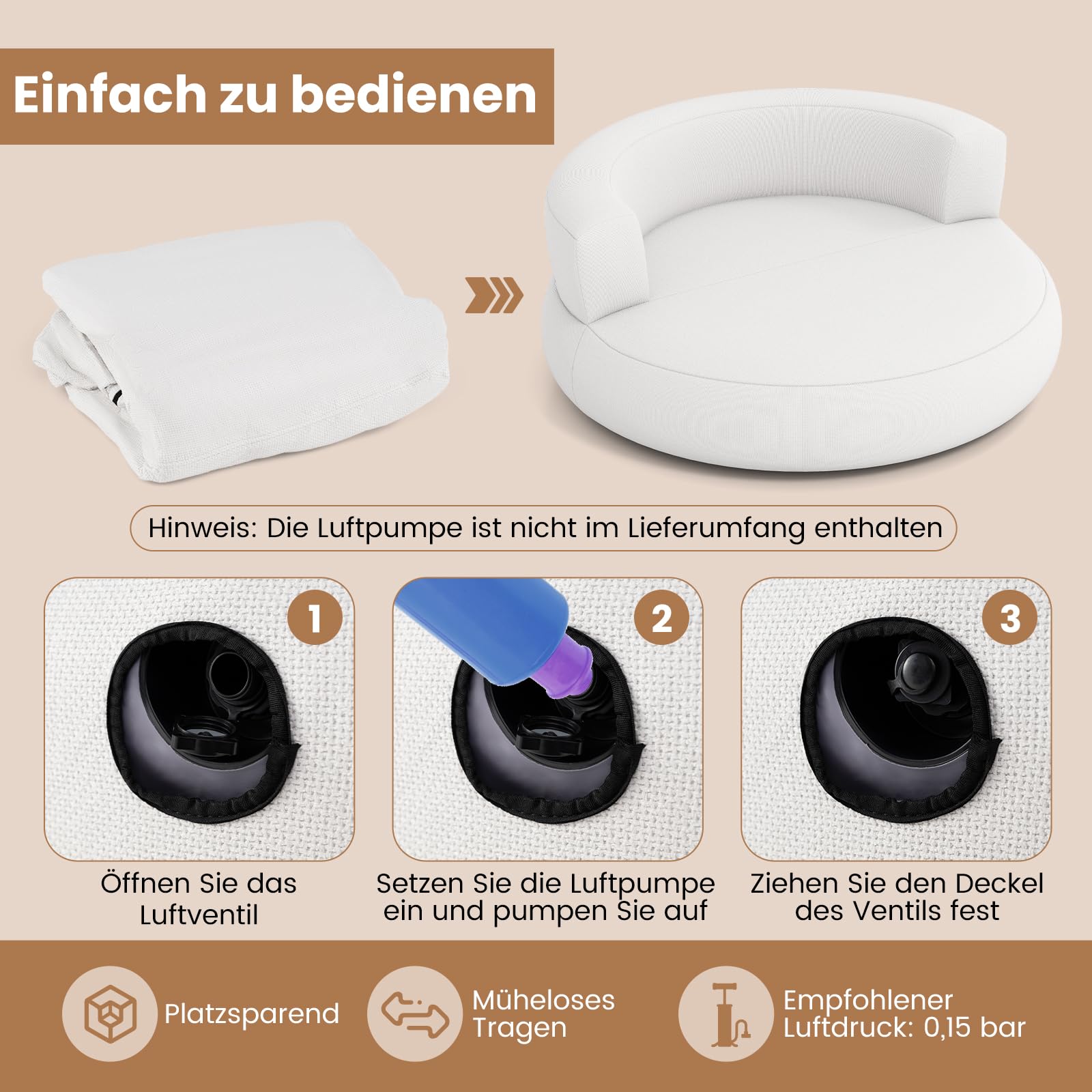 RELAX4LIFE Aufblasbares Sofa Rund, ergonomisches aufblasbarer Sessel mit abnehmbarem & waschbarem Bezug, Rutschfester Unterseite,Relaxstuhl für Wohnzimmer, Büro, Leseecke (Weiß)