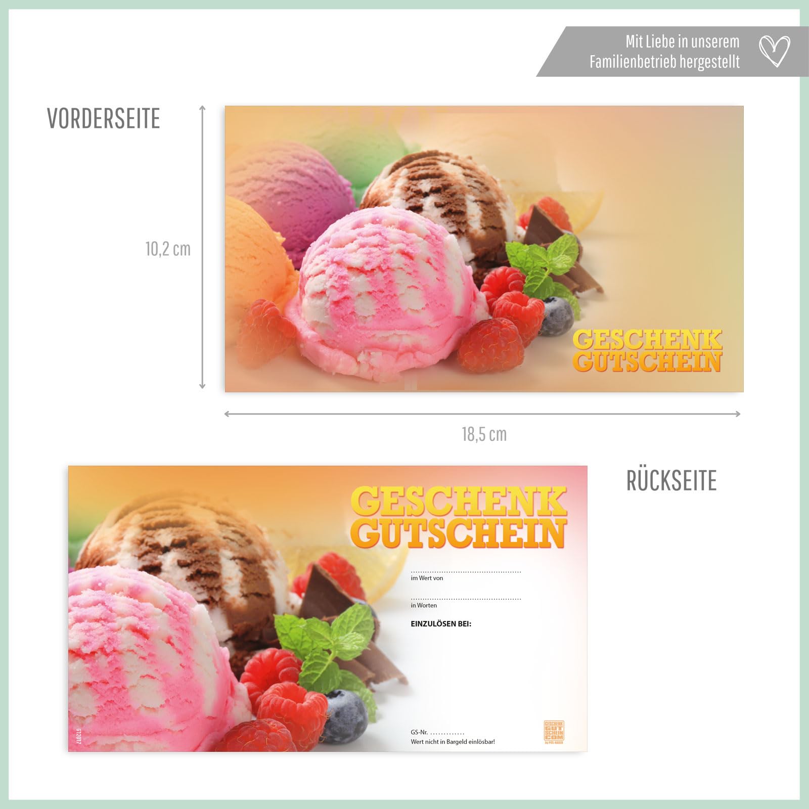 100 Gutscheine, blanko zum selber Ausfüllen. Für Eissalon Eis-Café Eisdiele Gastronomie.