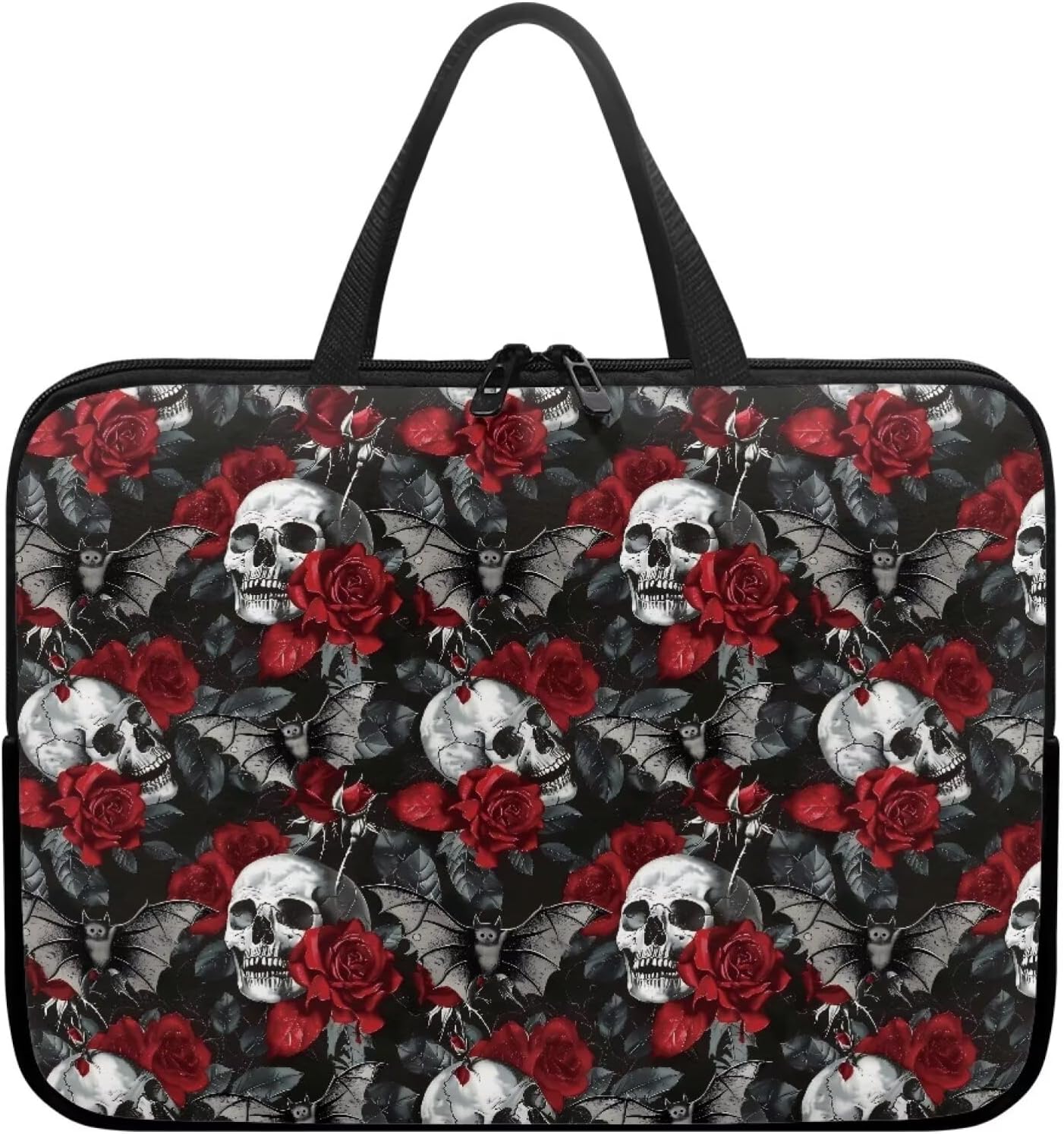 Skull Bat Red Rose Print Laptop Sleeve Polyester Laptop Case for Women Men Portable Computer Protector Travel Carrying Bag Briefcase for 10-17 Inch Tablet, 15inch