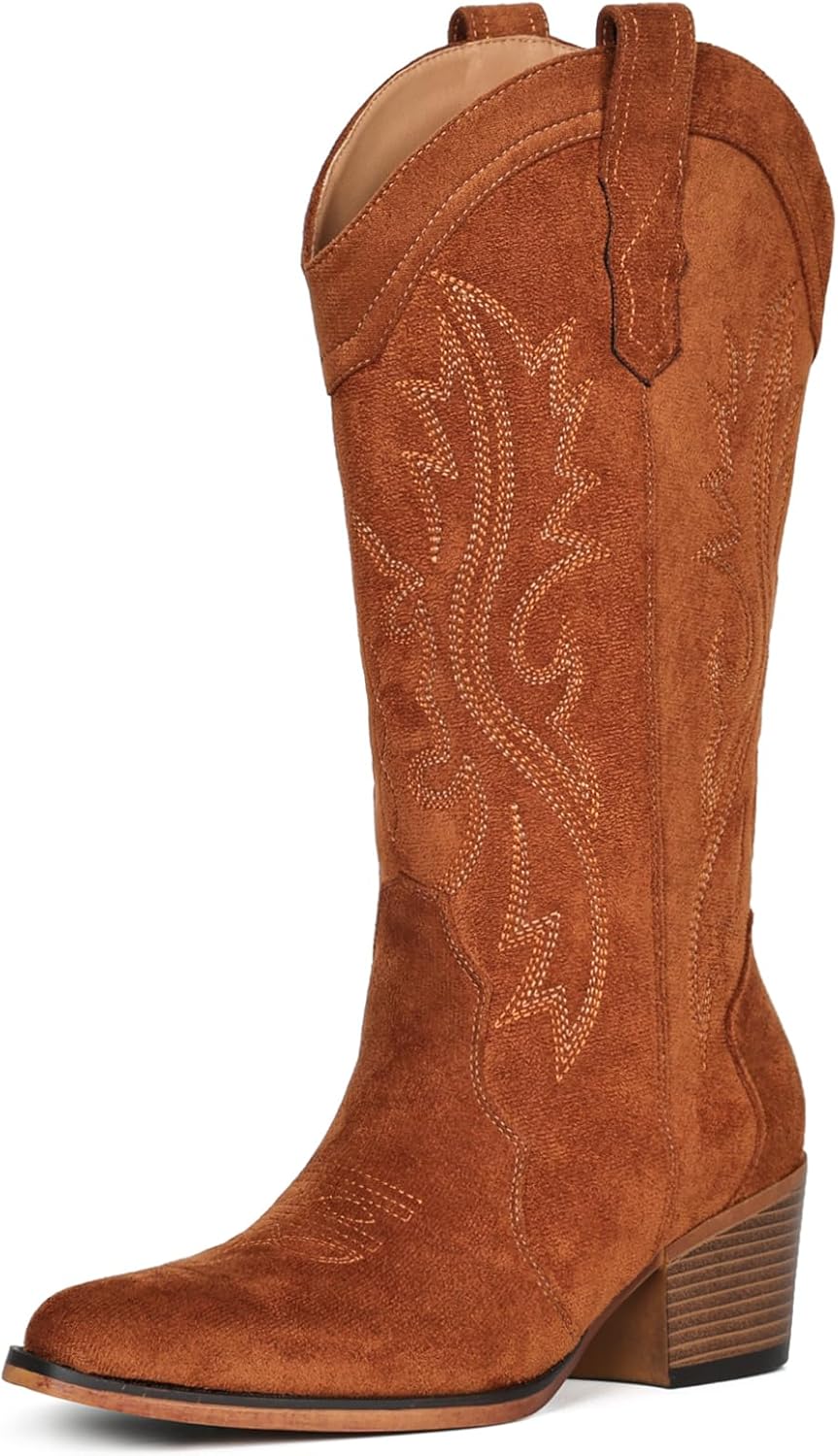 IUV Cowboy Boots For Women Western Cowgirl Boots with Chunky Heel Mid Calf Snip Toe Ideal for low insteps - Image 4