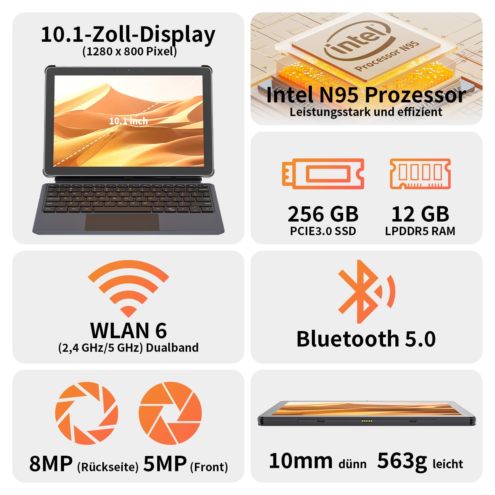 AWOW AIBOOK 11 10,1 Zoll 2-in-1 Tablet PC mit Deutsch-Tastatur – 12GB LPDDR5 RAM, 256GB PCIE3.0 SSD,Alder Lake N95, Touchscreen, Dual-Band WiFi, USB-C, HDMI, 8MP Kamera