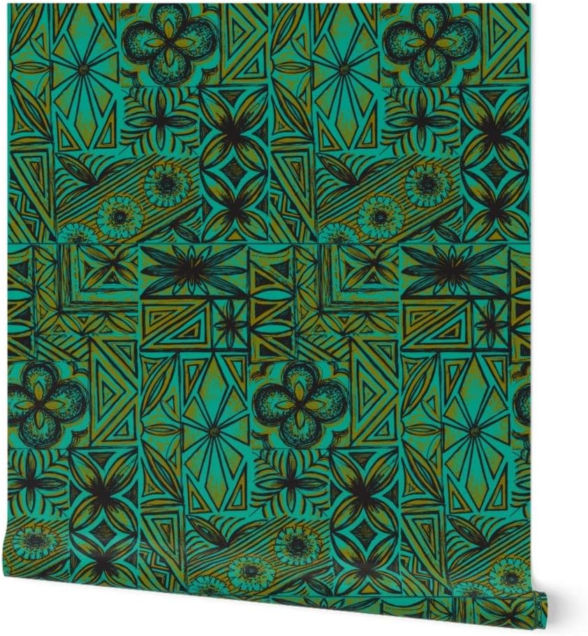 Peel & Stick Wallpaper 3ft x 2ft - Olive Ocean Hawaiian Vintage Tiki Mid Century Mod Black Custom Removable Wallpaper by Spoonflower