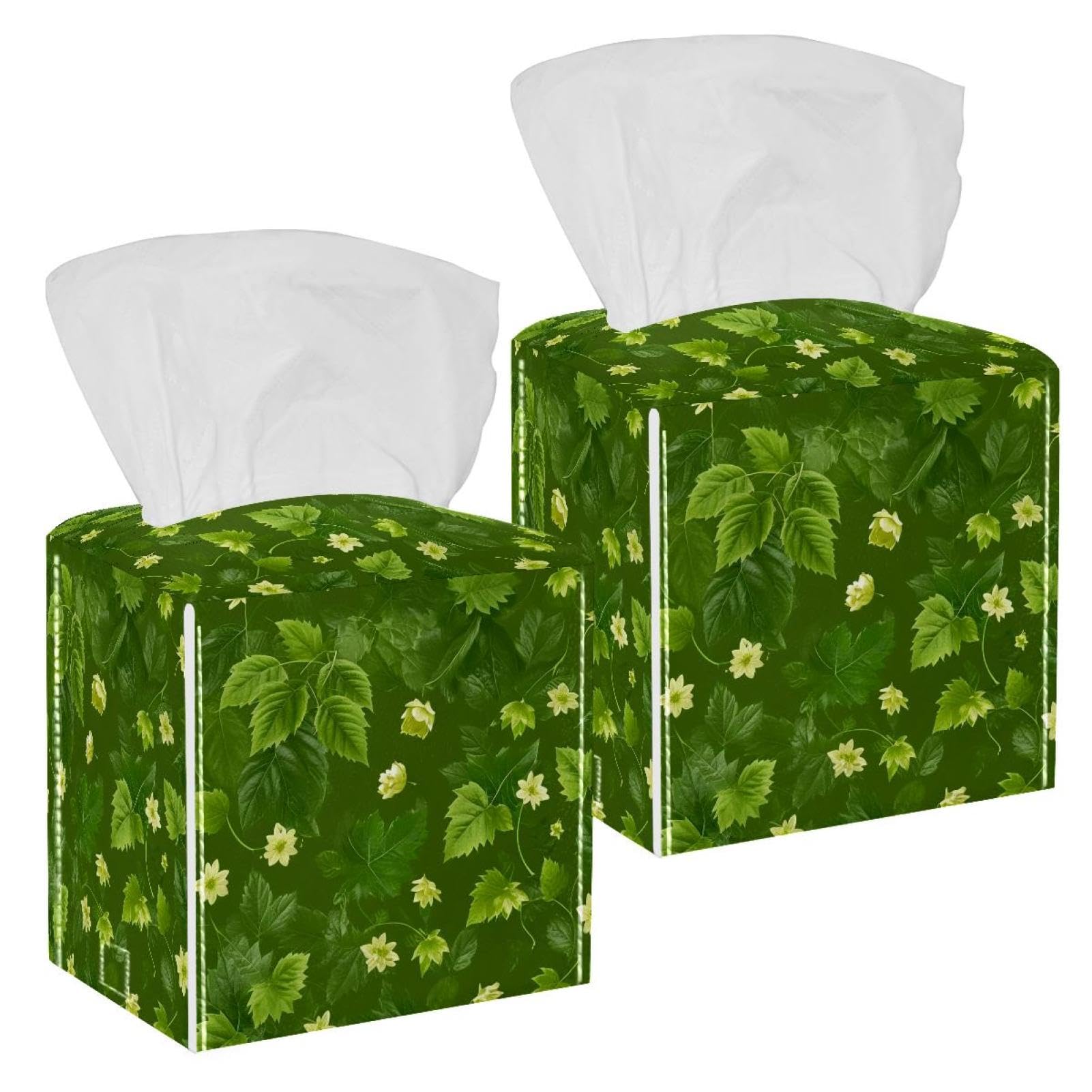Artistic Leaves Tissue Box Cover, 2 Pack PU Leather Square Facial Tissue Dispenser Box holder for Home Office Car