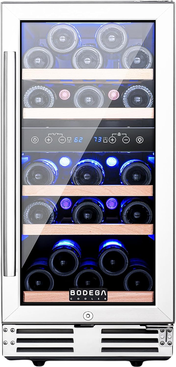 BODEGA 15 Inch Wine Cooler, Dual Zone Wine Fridge with Double-Layer Glass Door, wine cooler refrigerator with Digital Temperature Control and Temperature Memory, 30 Bottles Built-in or Freestanding. BODEGA 15 Inch Wine Cooler, Dual Zone Wine Fridge with Double-Layer Glass Door, wine cooler refrigerator with Digital Temperature Control and Temperature Memory, 30 Bottles Built-in or Freestanding.