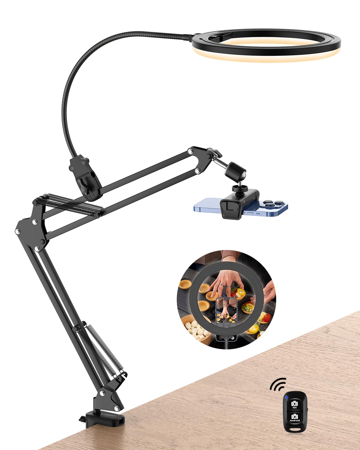UBeesize 10 Inch Ringlicht Met Statief - Overhead Statief Met Flexibele Slang Voor Mobiele Telefoon - Tafelcamera Armhouder
