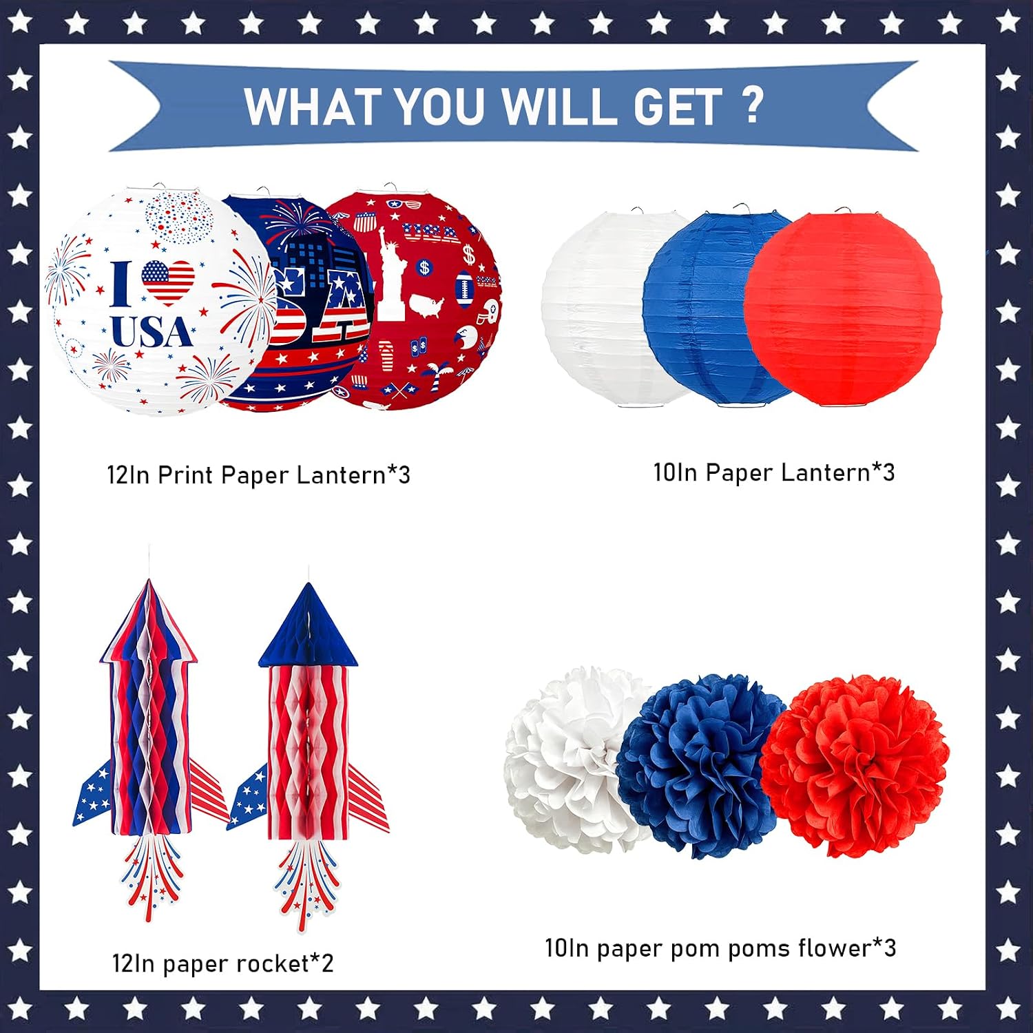 4th of July Decorations Red White Blue Paper Lanterns Flower Tissue Pom Poms Fan and Rocket Set for Fourth of July Independence Party Decor Memorial Day Patriotic Decoration