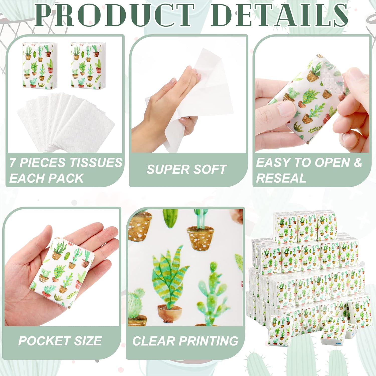 100 Pack Facial Tissue Mini Paper Pocket Tissues Small Size Travel Tissue Packs for Wedding Party Favors Graduation Celebration, 3 Ply, 2.8 x 2.2 In(Cactus)
