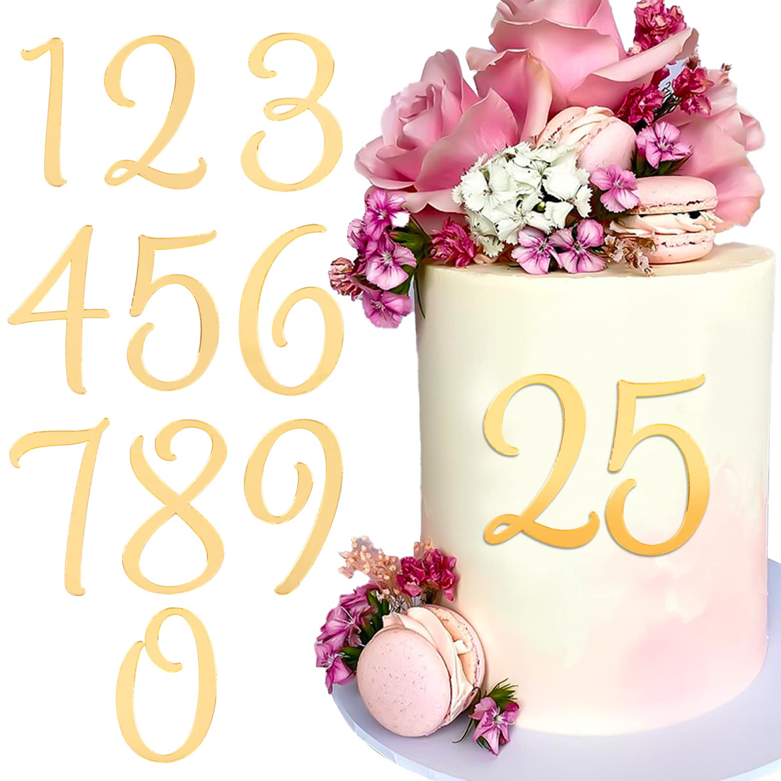 BETESSIN 10pcs Number Decoration Cake 0-9 Gold Cake Decoration Birthday Acrylic Cake Decoration Cake Topper Set for Party Wedding Anniversary Celebration Style B