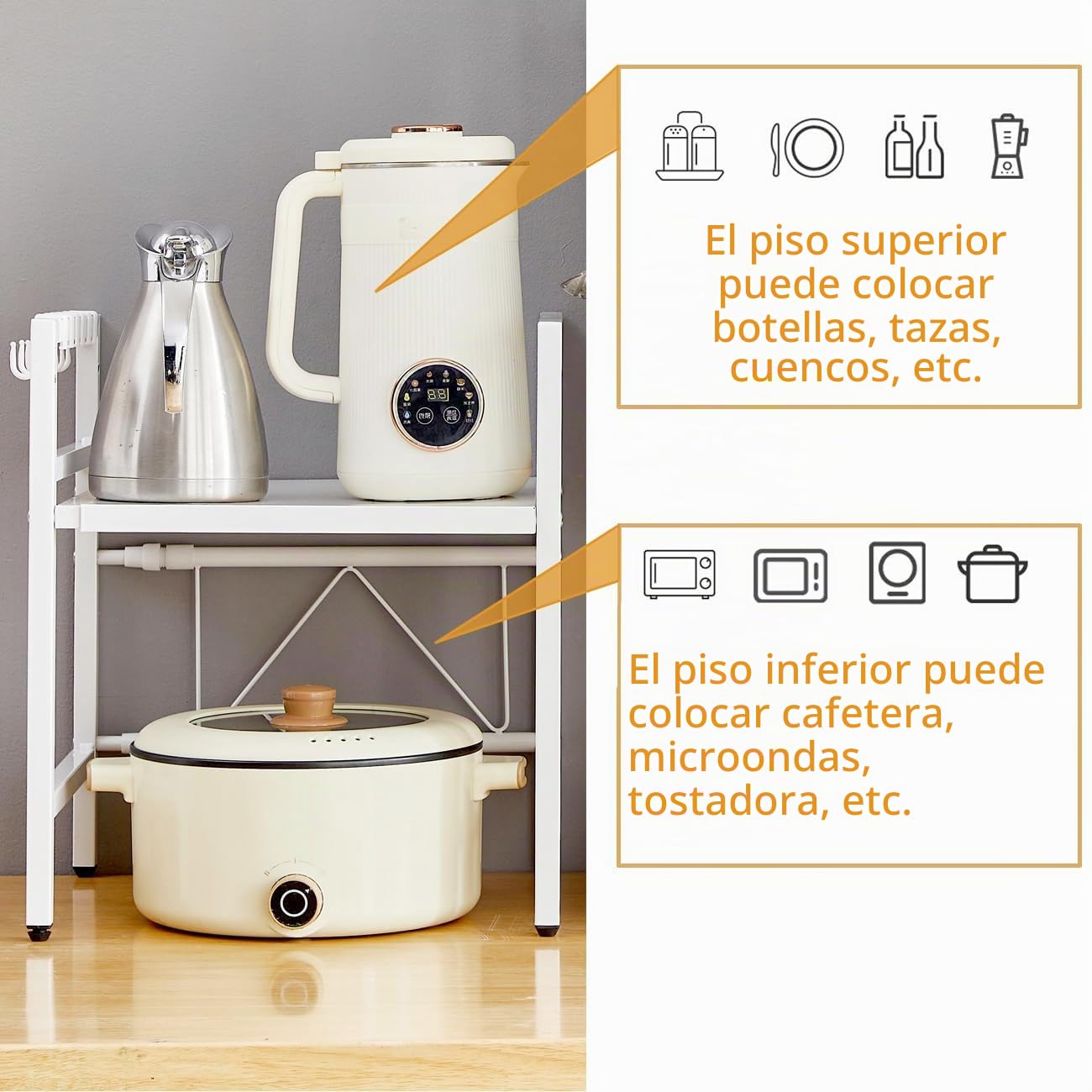 Estantería extensible para microondas con 6 ganchos, estante de encimera para microondas, almacenamiento y organización de cocina, soporte para panaderos de especias, organizador de