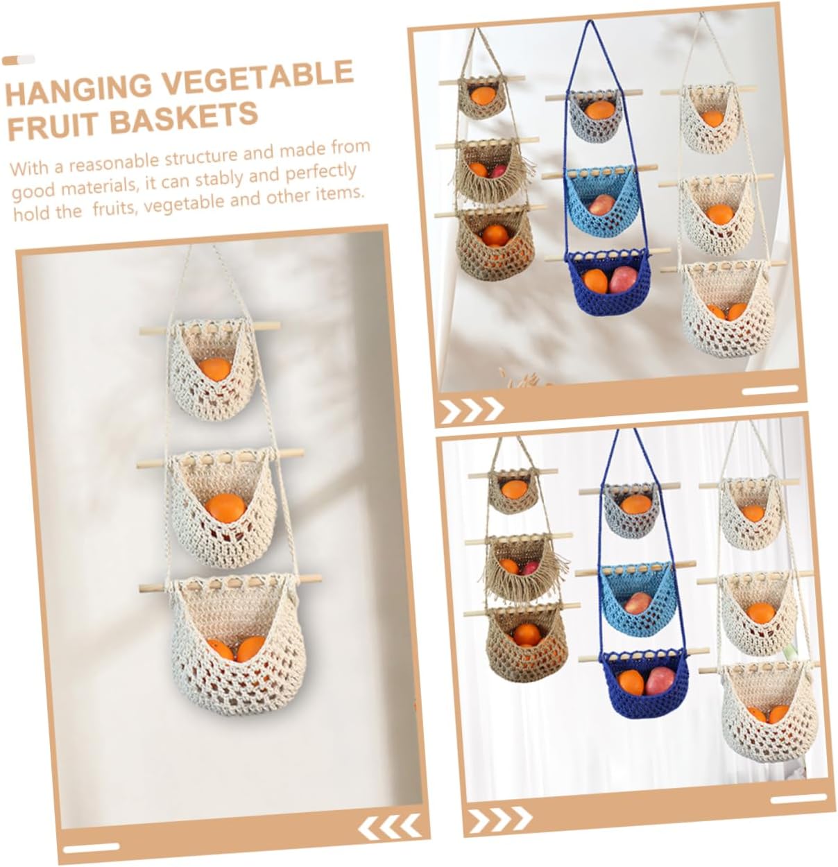 VICASKY Cotton Rope Hanging Fruit Basket for Kitchen Storage Woven Vegetable Organizer with Ventilated Design Space Saving Wall Hanging Basket for Fruits and Produce