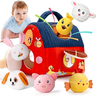 Loyzico Baby Montessori Spielzeug ab 6 Monate 1 Jahr, Kinder Sensorikspielzeug mit Scheune & 6 Tierrasseln vom Bauernhof, Rassel und Spiegel-Geschenk Baby für Junge Mädchen 6 12 Monate 1 2 Jahr
