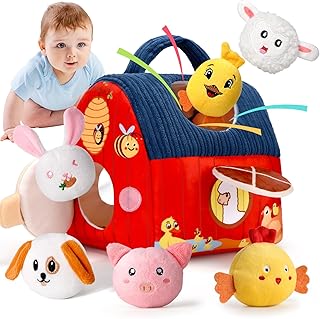 Loyzico Baby Montessori Spielzeug ab 6 Monate 1 Jahr, Kinder Sensorikspielzeug mit Scheune & 6 Tierrasseln vom Bauernhof, Rassel und Spiegel-Geschenk Baby für Junge Mädchen 6 12 Monate 1 2 Jahr