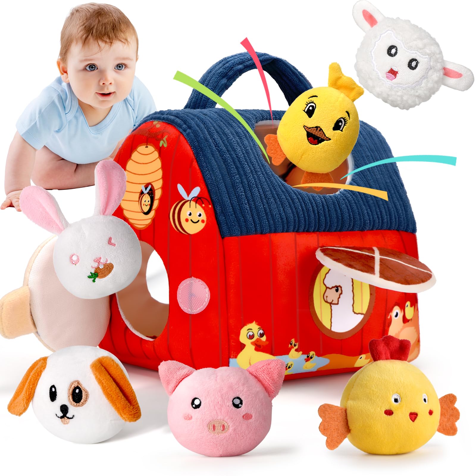 Juguetes Bebes 6-12 Meses, Juguete Granja Granero y 6 Animales de Peluche, Sonajero Sensorial y Espejo- Juguetes Montessori para Niños 1 Año, Regalo Niño y Niña