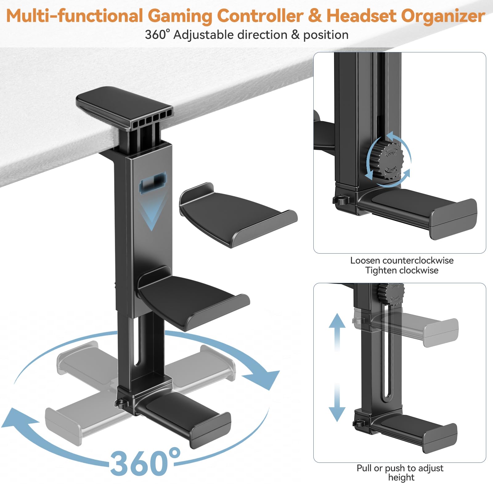 Kosker Porta Cuffie e Joystick da Scrivania con Altezza Regolabile, Supporto Controller da Sopra e Sotto il Tavolo per PS5/Xbox/Switch, Support Accessori Scrivania con Rotazione a 360°