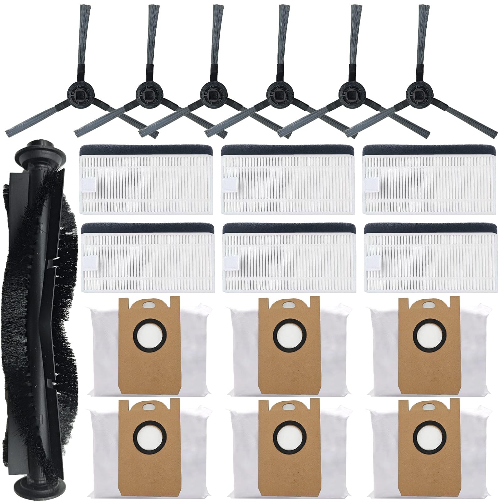 Replacement Parts Kit Compatible with iHome AutoVac Nova S1 Pro Robot Vacuum Cleaner Accessories iHRVS1PRO-3BLK, 1 Main Roller Brush, 6 Side Brushes, 6 Hepa Filters, 6 Dust Bags