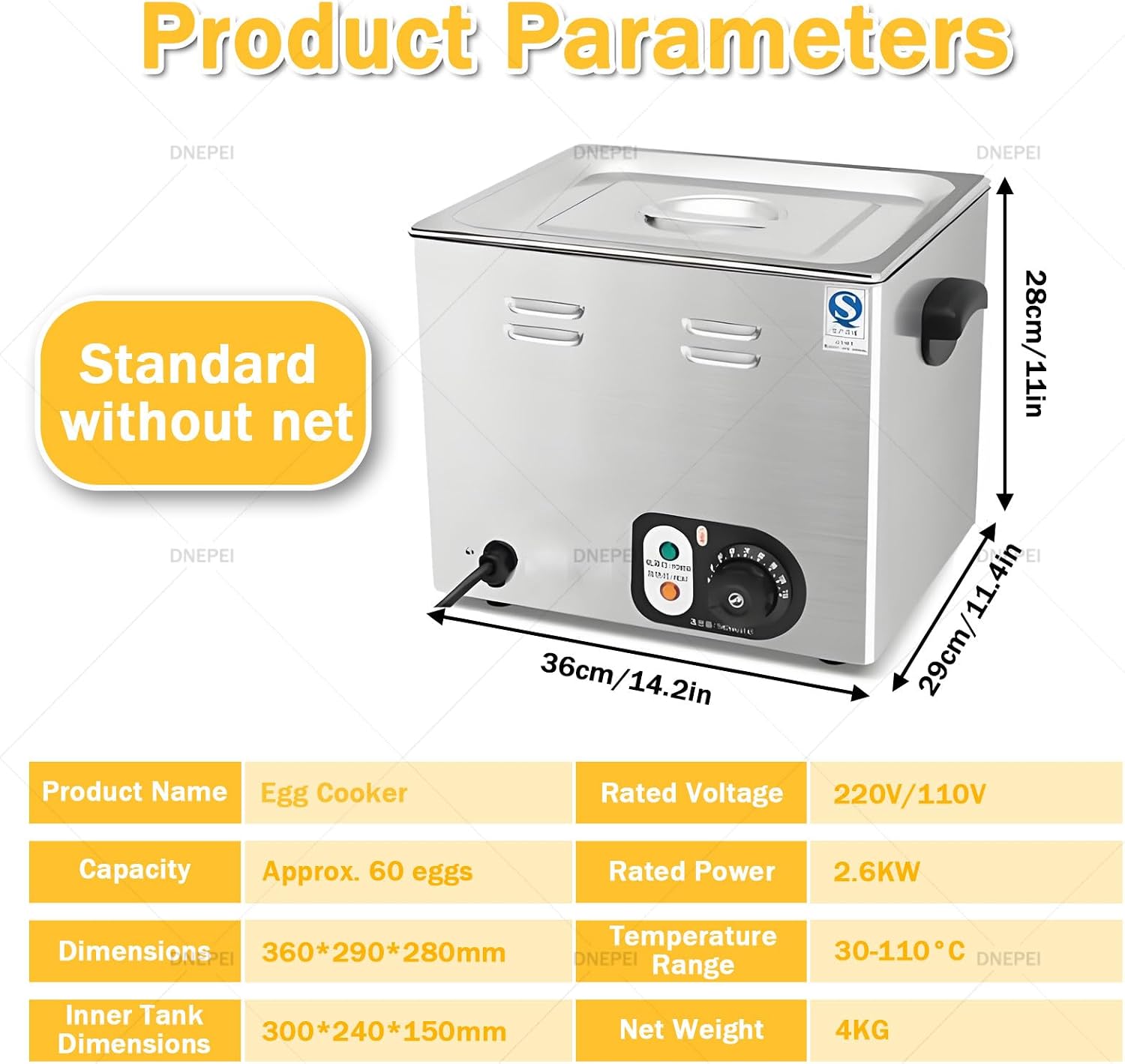Commercial Egg Boiler Machine, 45-60 Eggs Capacity Restaurant Stainless Steel Egg Cooker with Mesh Basket, Auto Shut-Off & Timer for Hot Spring Eggs, Soft-Boiled, Tea Eggs Standard-withoutgrid