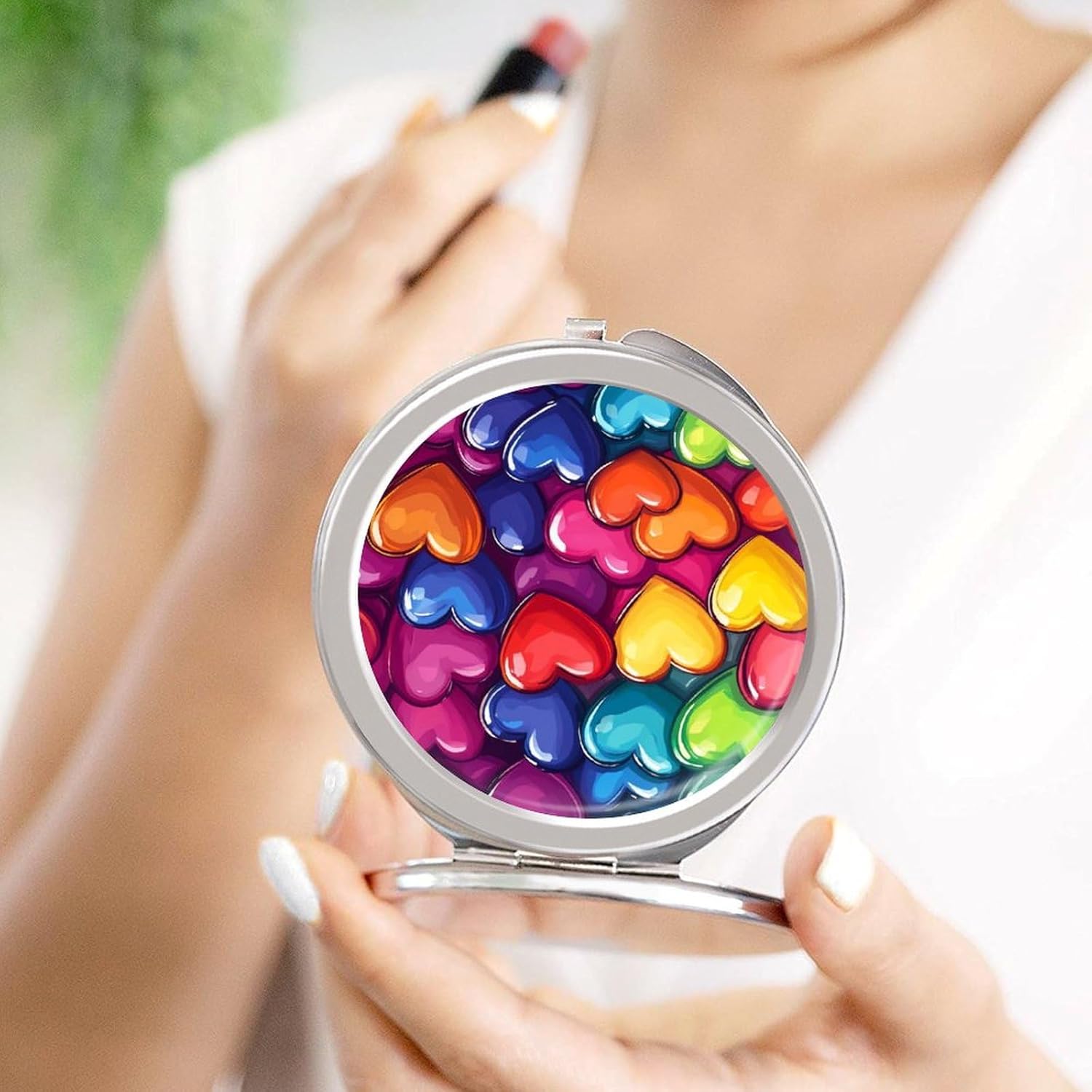 Rainbow Love Heart Compact Makeup Mirror Mini Foldable Cosmetic Mirror Portable Travel Mirror for Purse Pocket