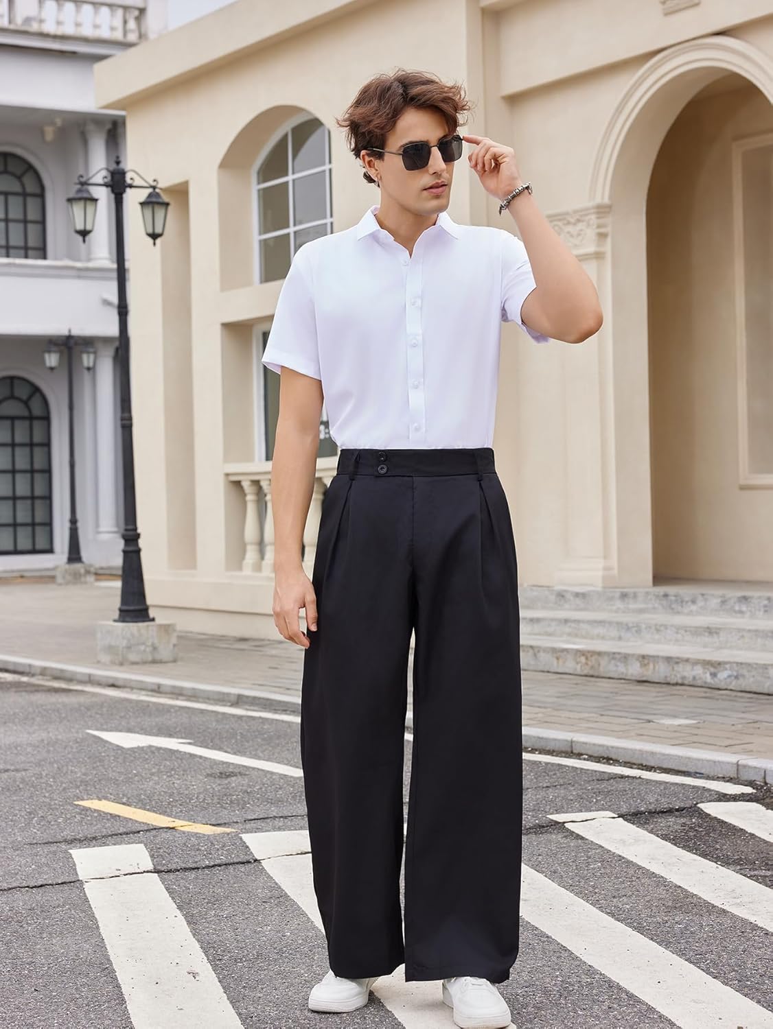 OYOANGLE Men's Pleated High Waist Wide Leg Pants Loose Fit Casual Pants with Pocket - Image 6