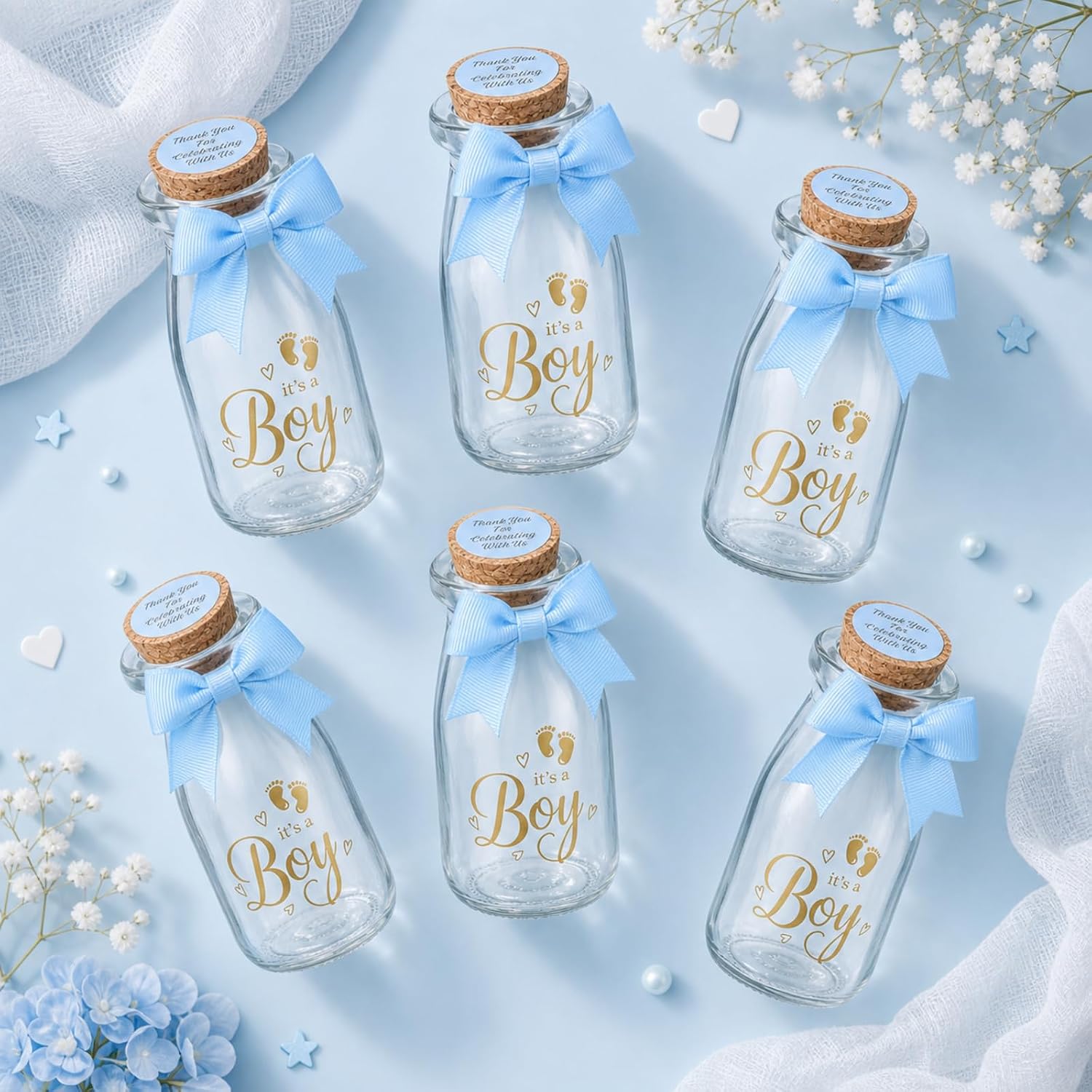 24 Pack It's a Boy Baby Shower Glass Bottle with Bow and Stickers | Blue Baby Shower Favors Jar for Guest, 3.38oz/100ml, Can Hold Candy Nut Gender Reveal Party Thank You Gift or Decorations