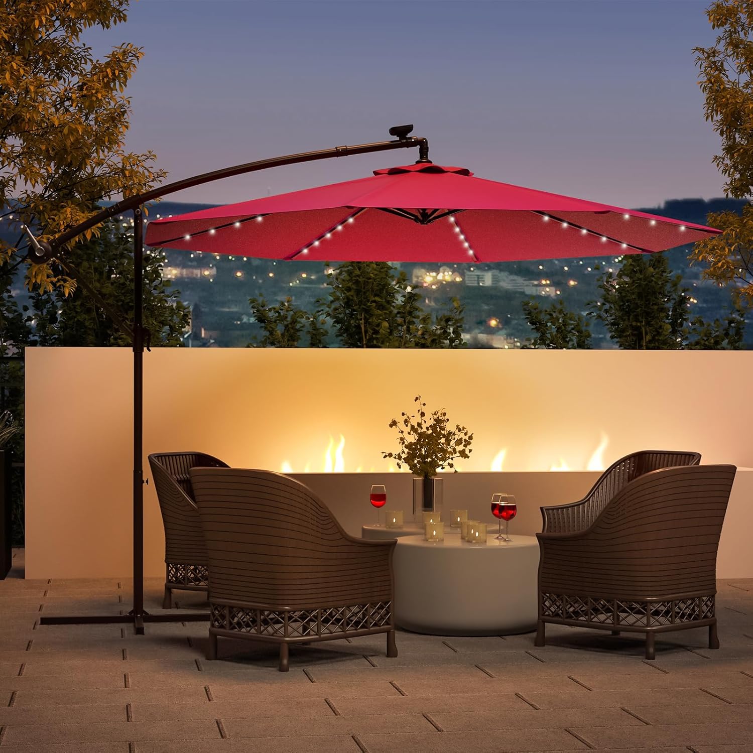 10 ft Offset Umbrella, Cantilever Patio Umbrella with 40 LED Solar Lights, 360 Rotation Solar Patio Umbrella for Outdoor, Garden & Poolside