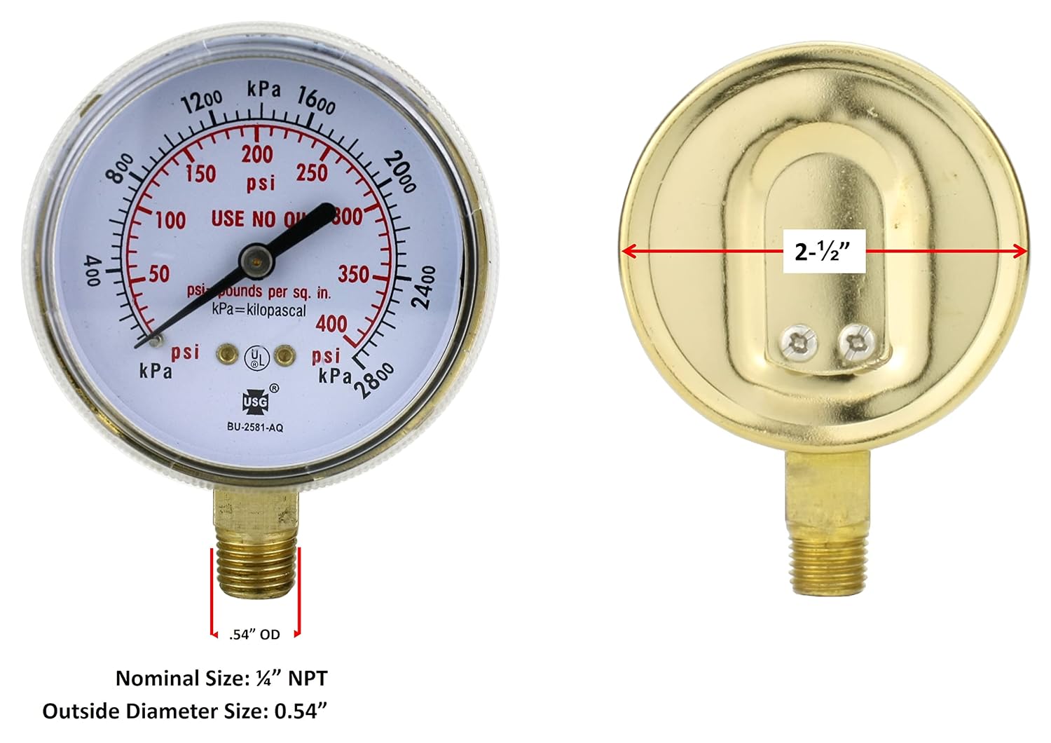 SÜA - High and Low Pressure Gauge for Heavy-Duty Acetylene/Propane Regulators 0-400 psi & 0-30 psi - 2.5 inches - Thread: 1/4" NPT