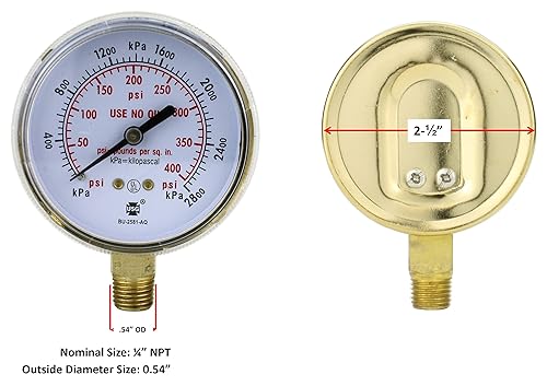 Miniatura 2 de SÜA - Manómetro de alta y baja presión para reguladores de acetilenopropano de alta resistencia 0-400 psi y 0-30 psi - 2.5 pulgadas - Rosca 14" NPT