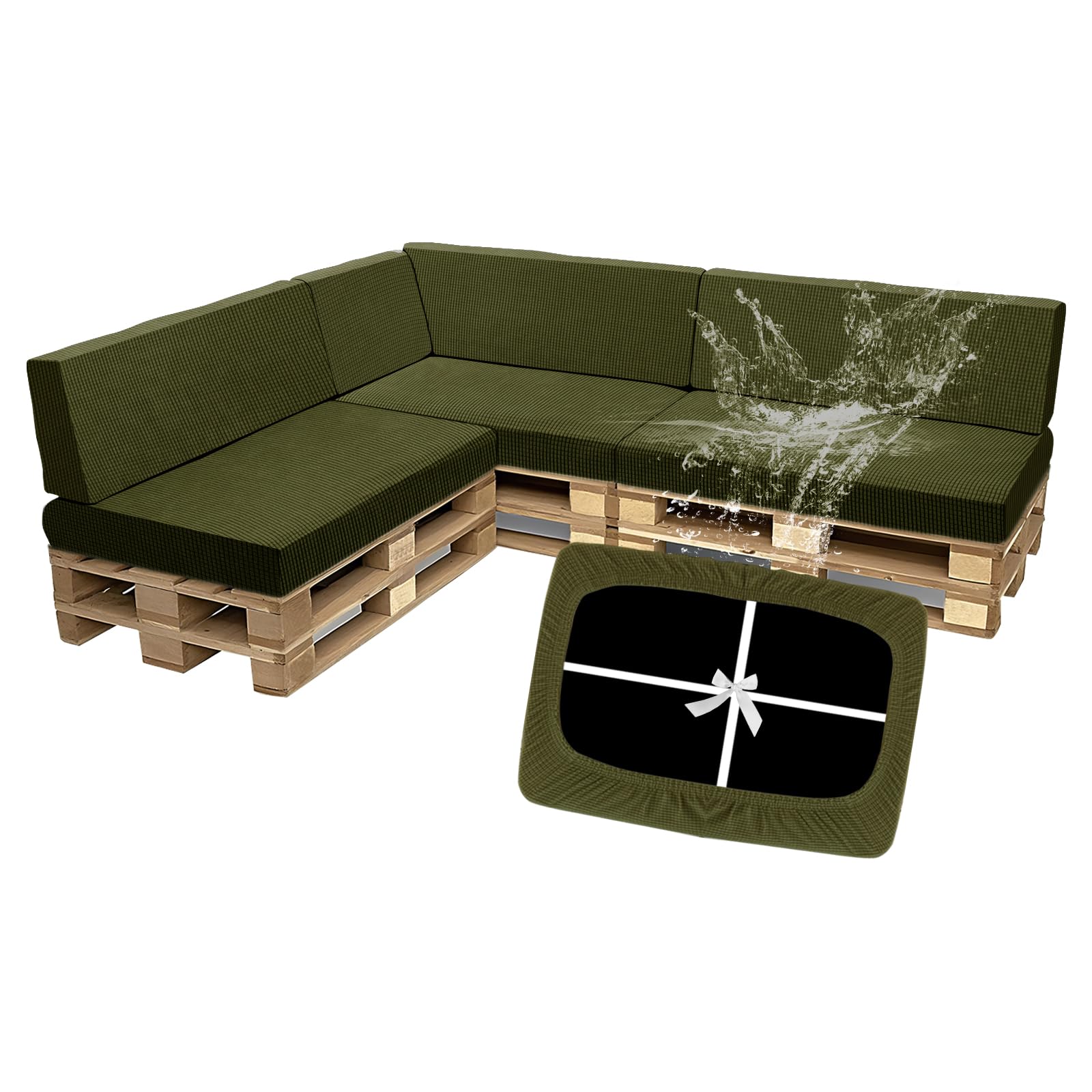SYLC Waterproof Pallet Cushions Covers, Stretch Cover for Pallet Furniture Cushions with 4 Ties, Outdoor Corner Sofa Covers for Rattan Patio Garden Caravan (Olivegreen,7 PCS(3 Seats+4 Backs)) โ image 1