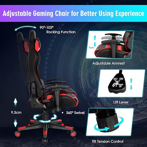 Miniatura 5 de Giantex RGB, silla ergonómica para videojuegos con luz LED, respaldo alto, silla de computadora E-Sport ajustable con cuero de PVC, reposacabezas y