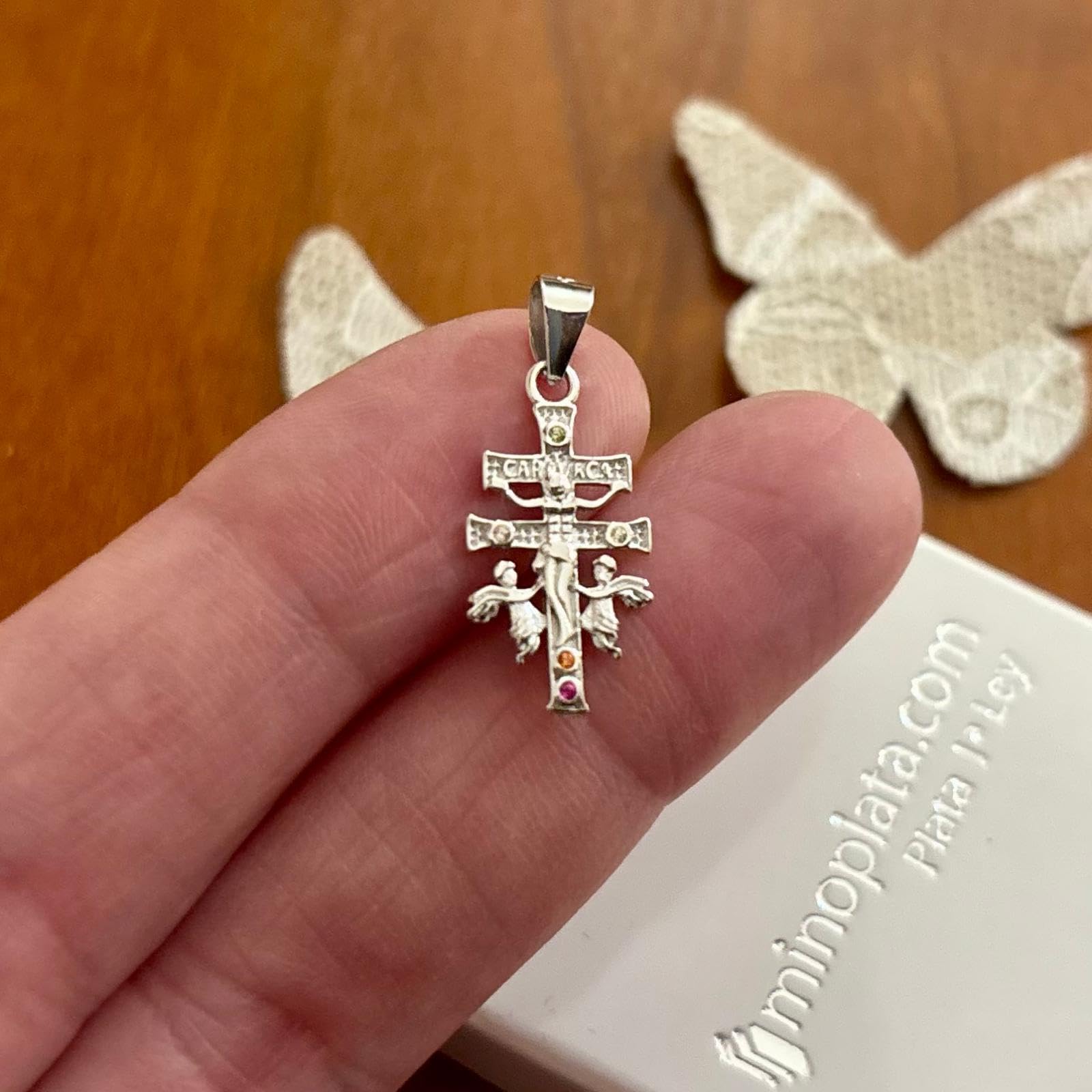 Caravaca-Kreuz Kette aus rhodiniertem Sterlingsilber und Zirkonia, 20 x 10 mm, Pequeño, Sterling-Silber, Kein Edelstein