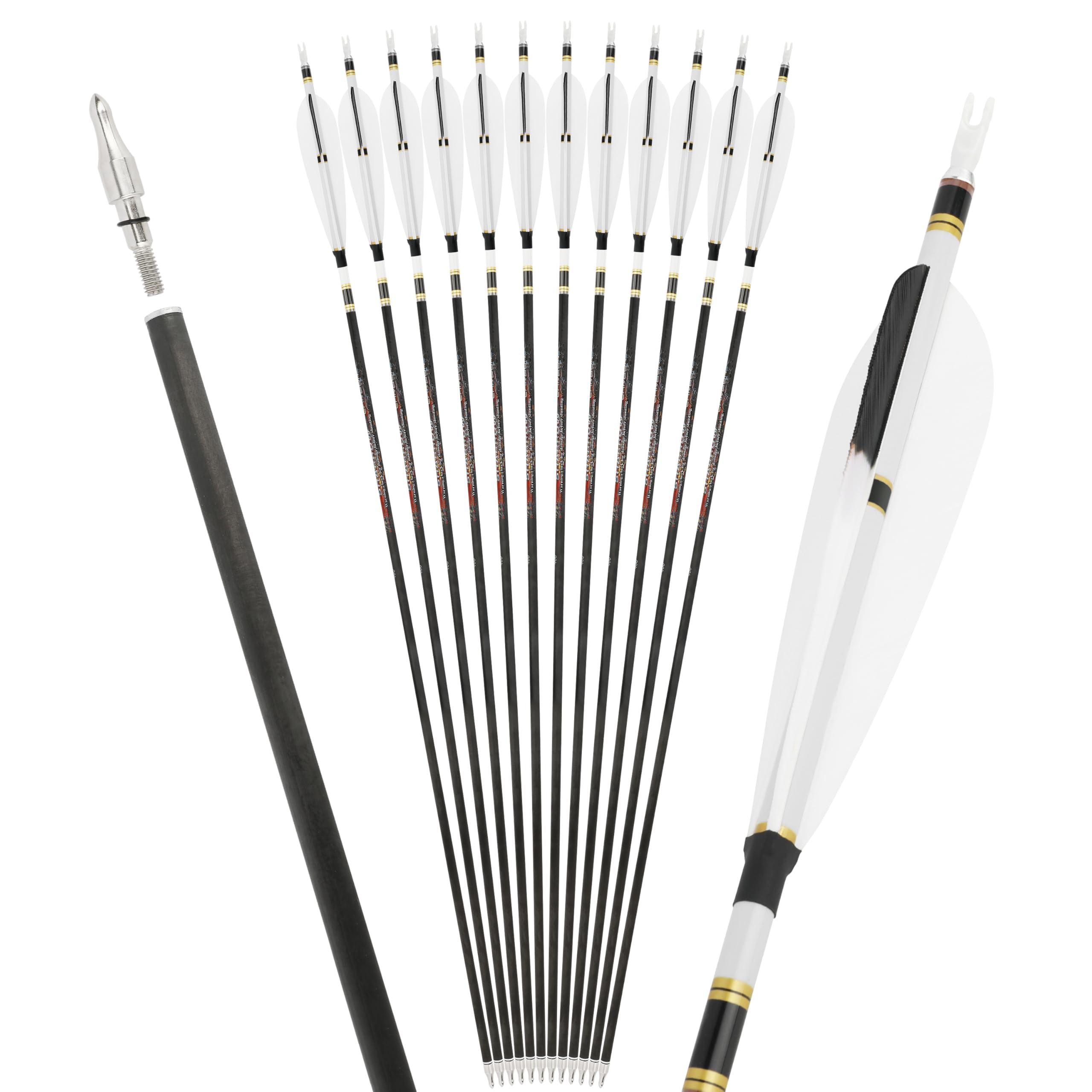 Flèches de Chasse 31 Pouces en Carbone Pur, Plume Naturelle 5 Pouces, Spine 250/300/350/400/500/600, flèches de tir pour Arc à poulies, Arc Classique et Arc Traditionnel