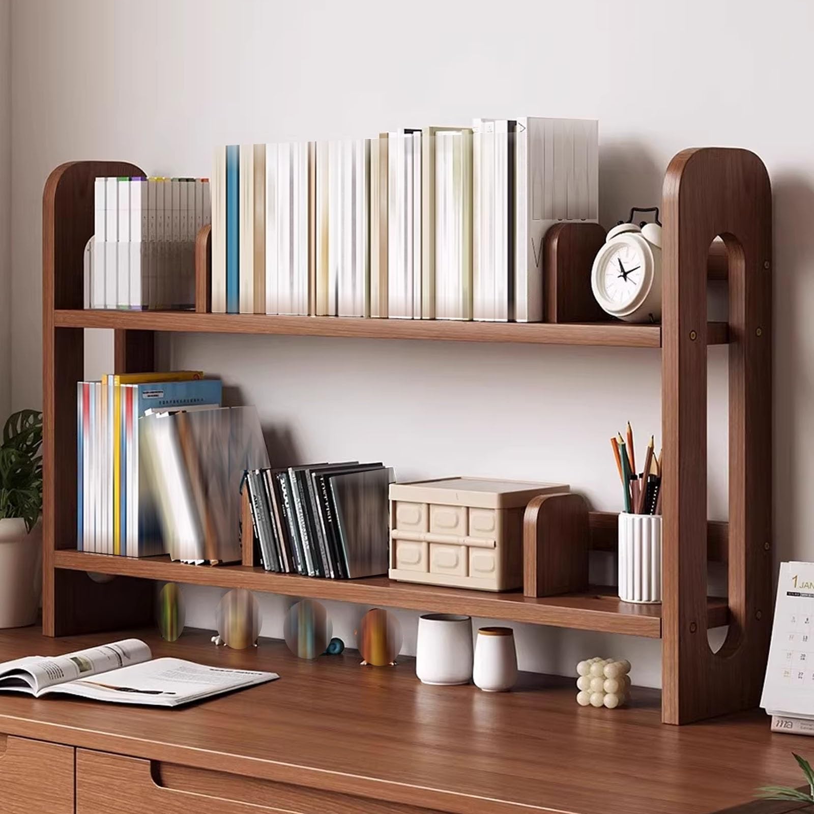 CWCQGH 2-Tier Wooden Desktop Bookshelf, Adjustable Desk Organizer for Home & Office, Stylish Dorm Shelf with Movable Bookends, Space-Saving Storage & Display Solution,Brown-100cm/39.4in