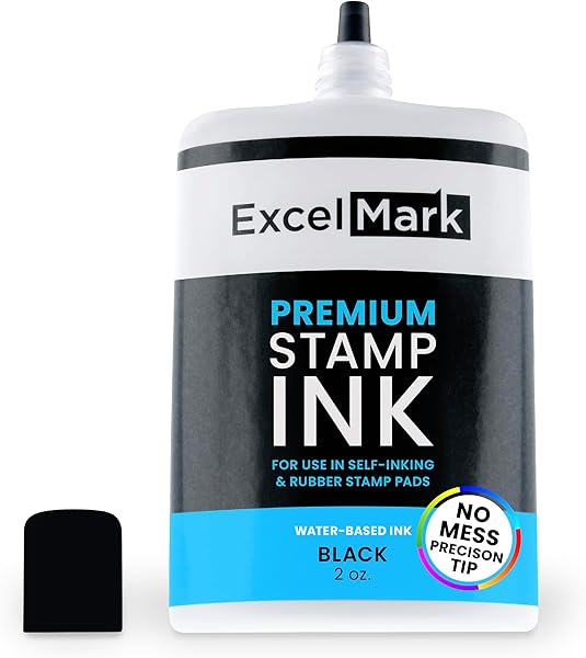 ExcelMark Stamp Ink – Ink Refill for Stamp Pads & Self-Inking Stamps - No Mess Precision Tip - Easy Re-Inking - Perfect for Crisp, Clear Impressions - 2 oz. - Black Ink