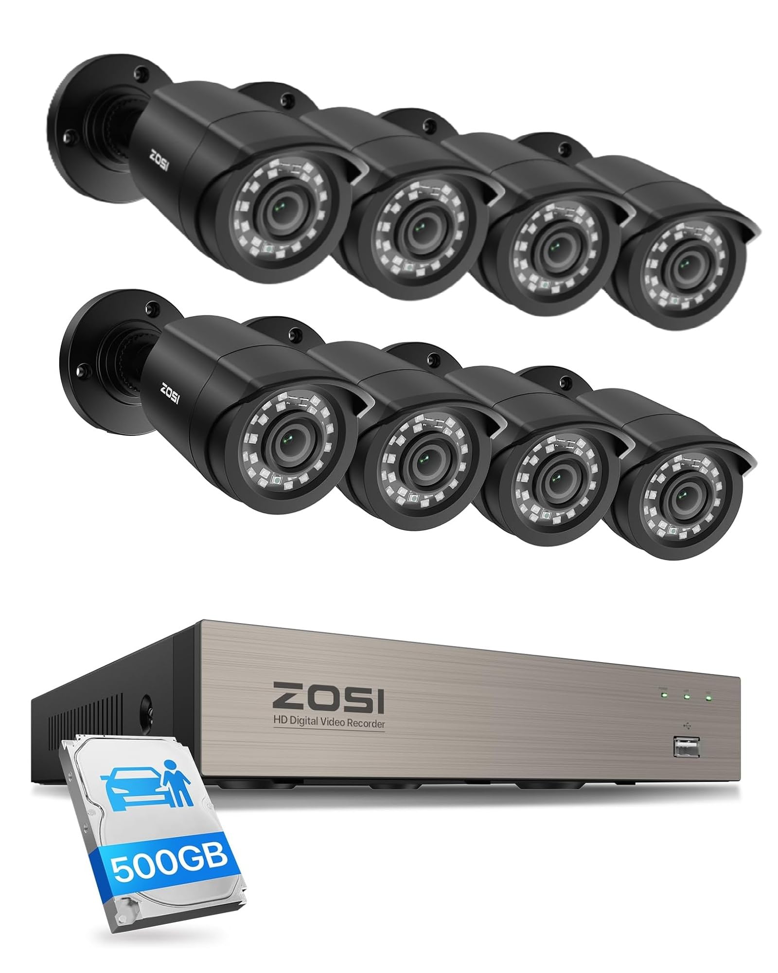 Système de surveillance ZOSI kit 8 caméras bullet 1080p DVR 500Go IR 24m