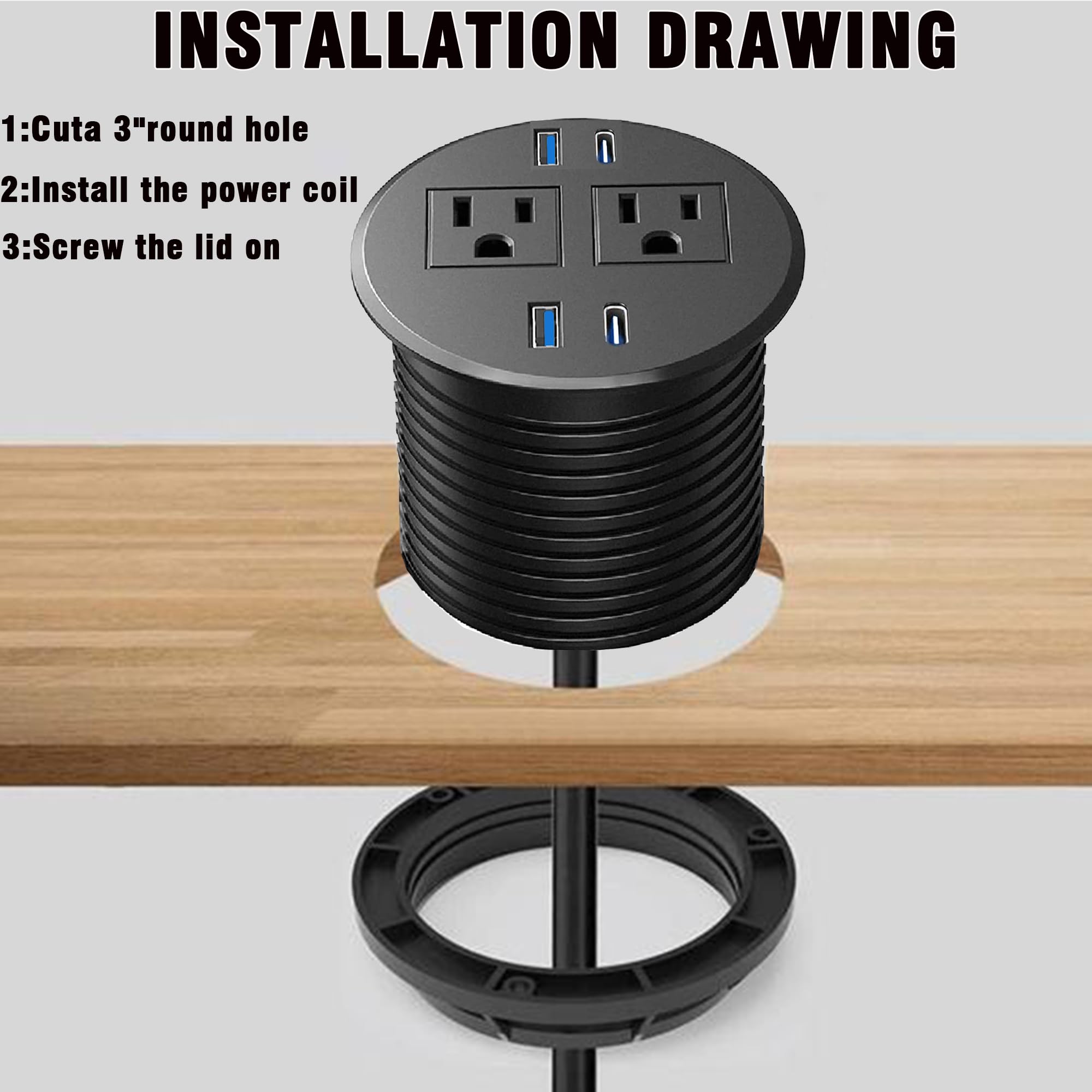 URANT Recessed Power Strip,Fast Desktop Charging Station,2 Outlets,4 USB Ports to Desktop,Plain Mounted Desktop Power Outlet,3 