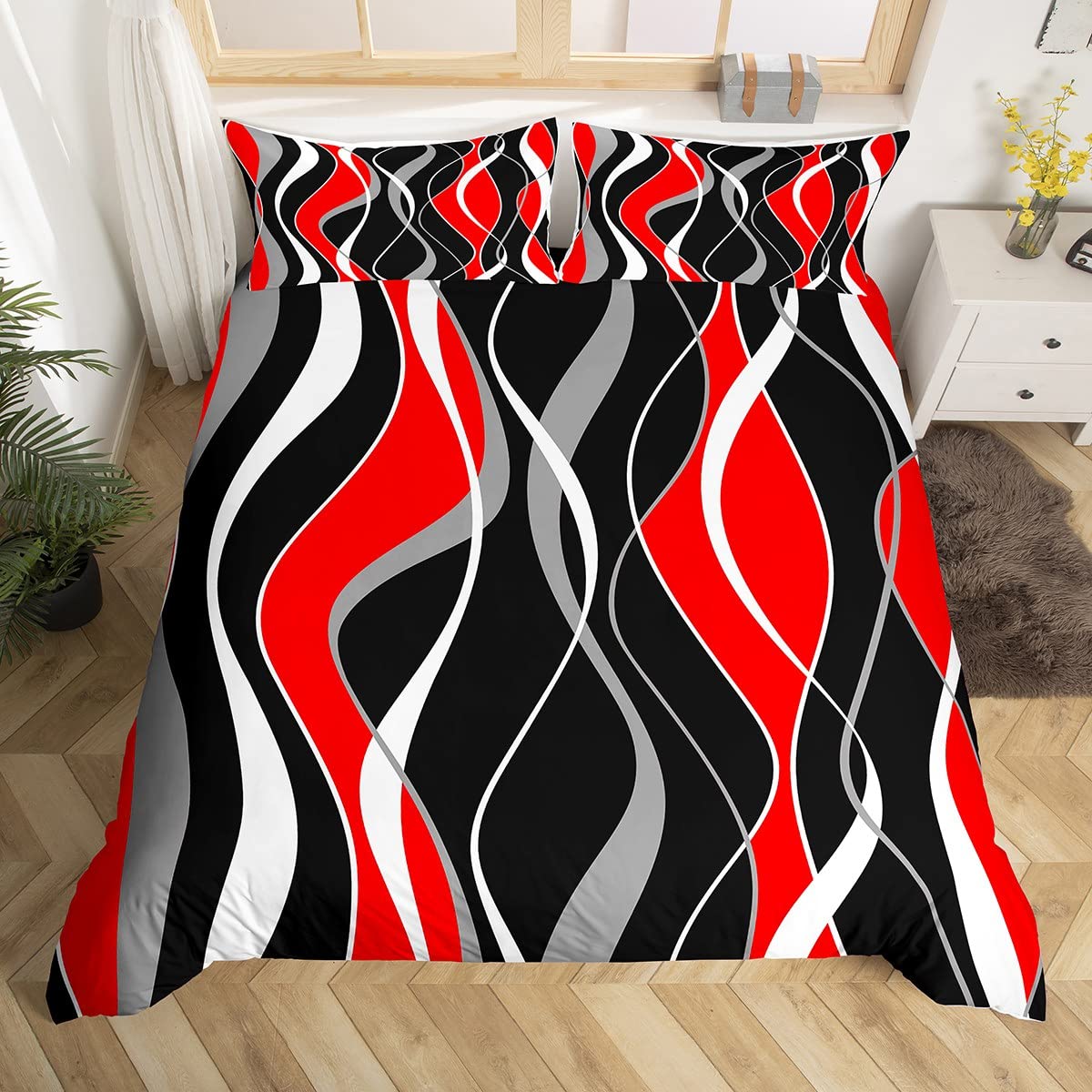 Red Black Stripe Duvet Cover Double Modern Bedding Set, White Gray Comforter Cover Abstract Line Bed Set