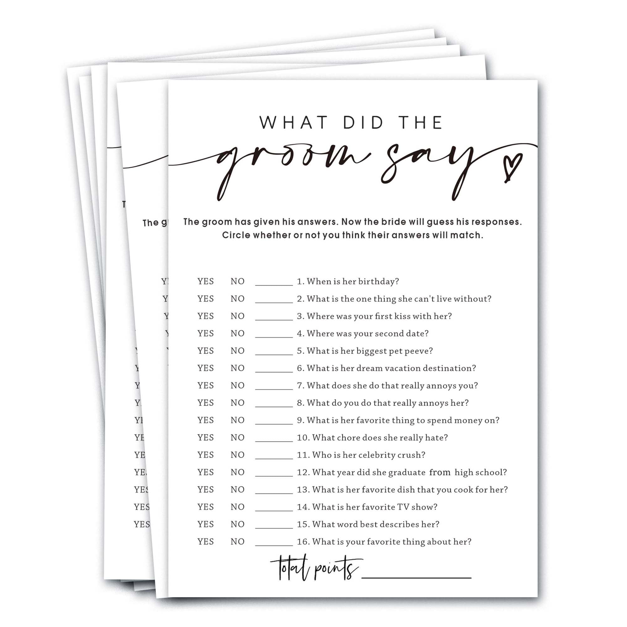 Wedding Shower Games Cards, What Did the Groom Say, Bridal Shower Games 25 Guests, Engagement Party Wedding Games for Guests, Minimalist White Wedding