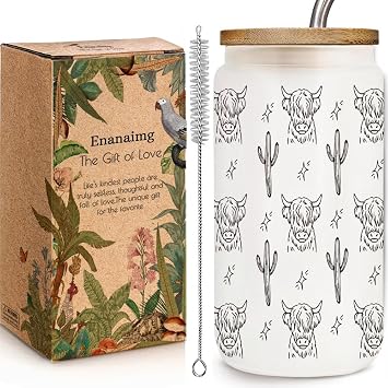 Cute Highland Cow Print 16oz Coffee Cup Gifts for Cow Lovers Women Sister, Glass Cups with Lids and Straws Gift for Perfect for Friend New Mom, Mother in Law, Step Bonus,Birthday