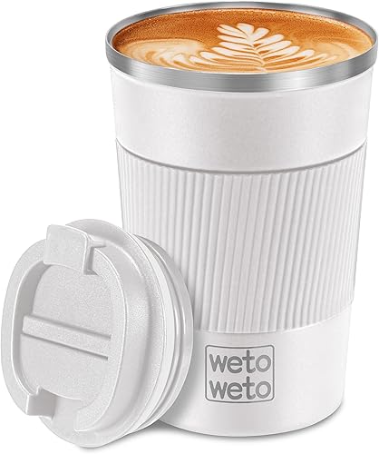 WETOWETO Taza de viaje de 12 onzas, taza de café reutilizable aislada con tapa a prueba de fugas, taza de café de viaje de acero inoxidable, taza de