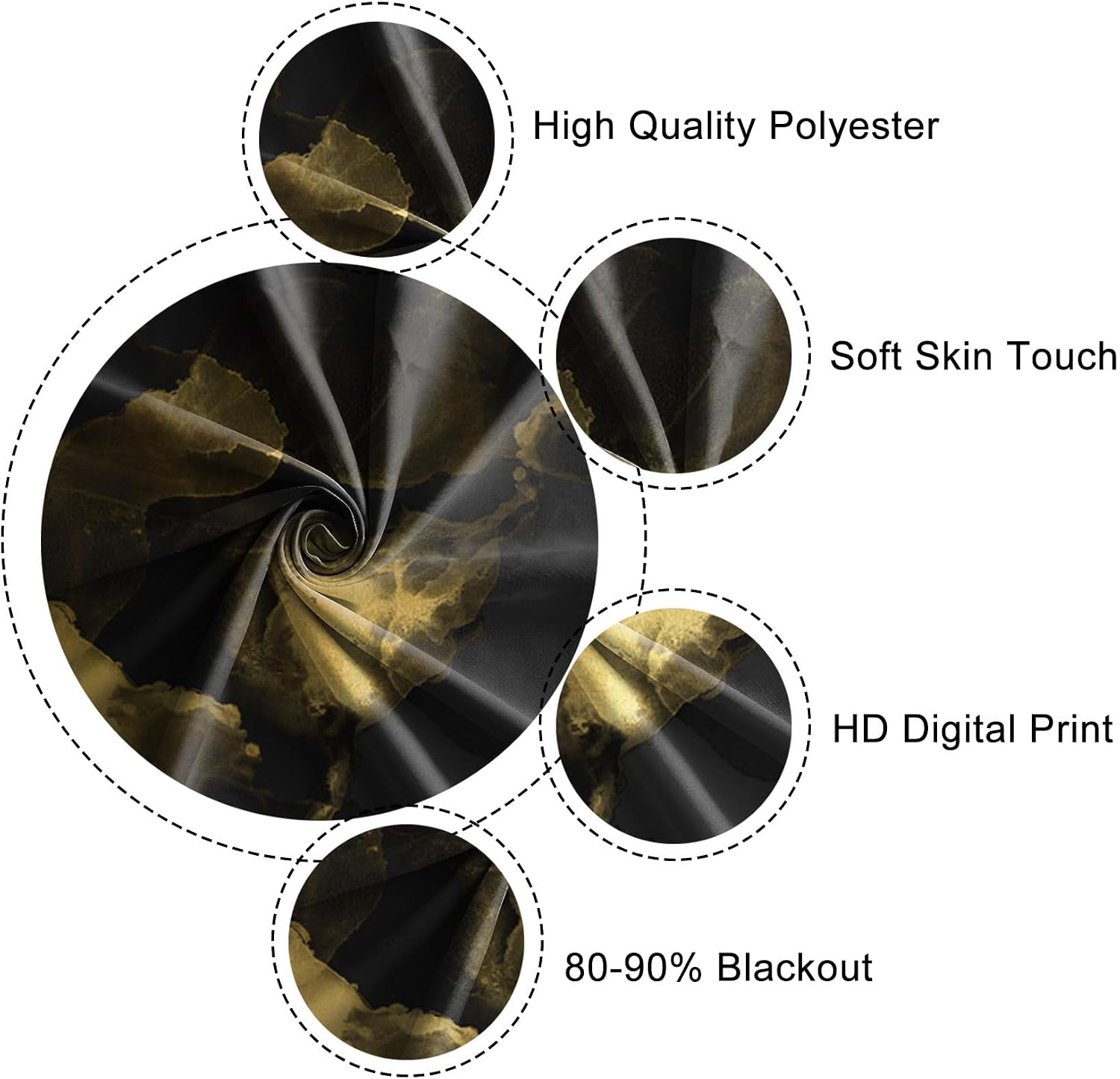 Luxurious Marble Pattern Curtains for Living Room Decor, Modern Black and Gold Window Pannels and Drapes for Childen's Room, Light Filtering Window Curtains for Bedroom,2 Panels,Each W21 xL63