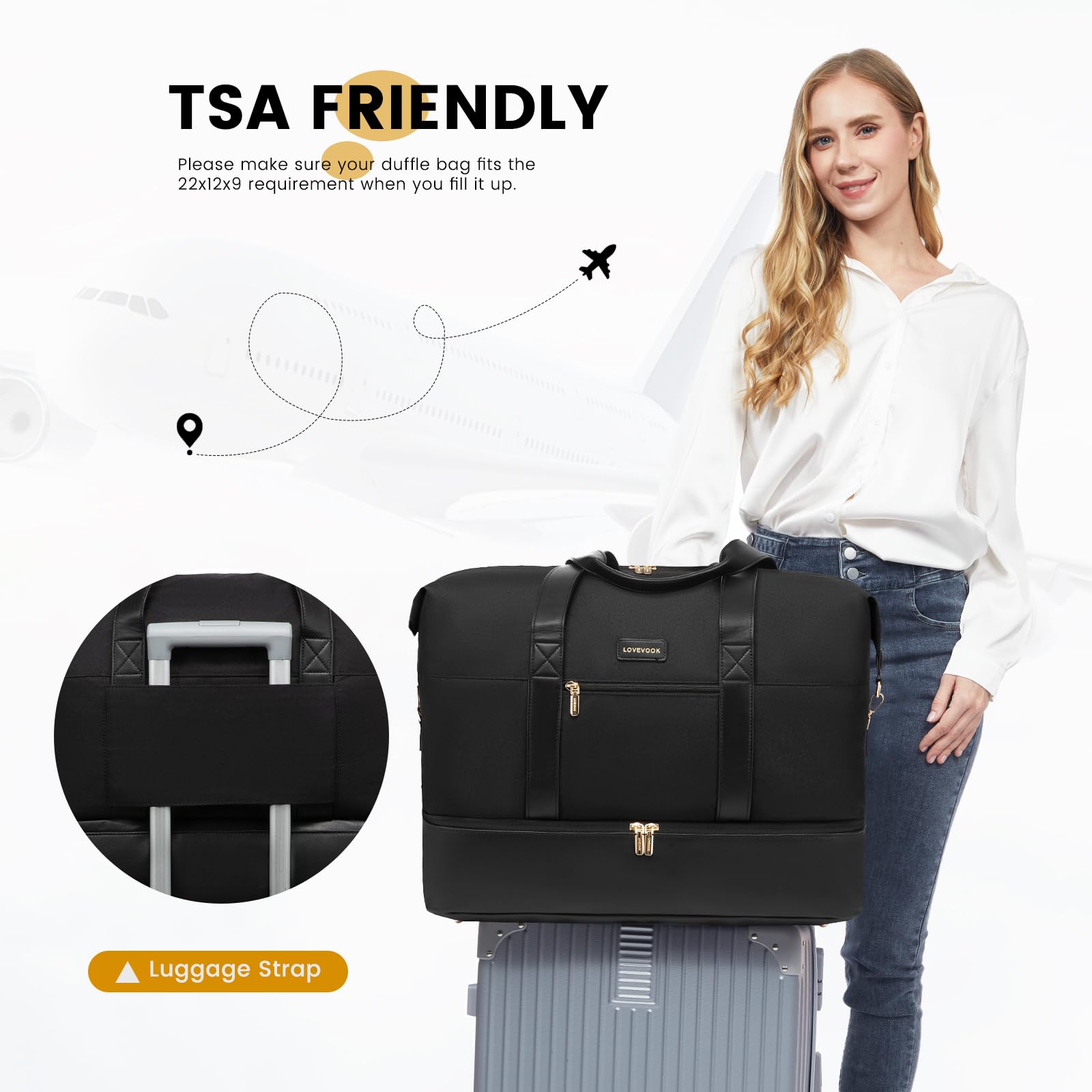 LOVEVOOK Borsone Da Viaggio Donna, Grande Borsa Da Viaggio, 56L Borsone Nascita Ospedale, Bagaglio a Mano 50x38x25, Borsone Palestra Duffel Bag Borsa Piscina, Nero